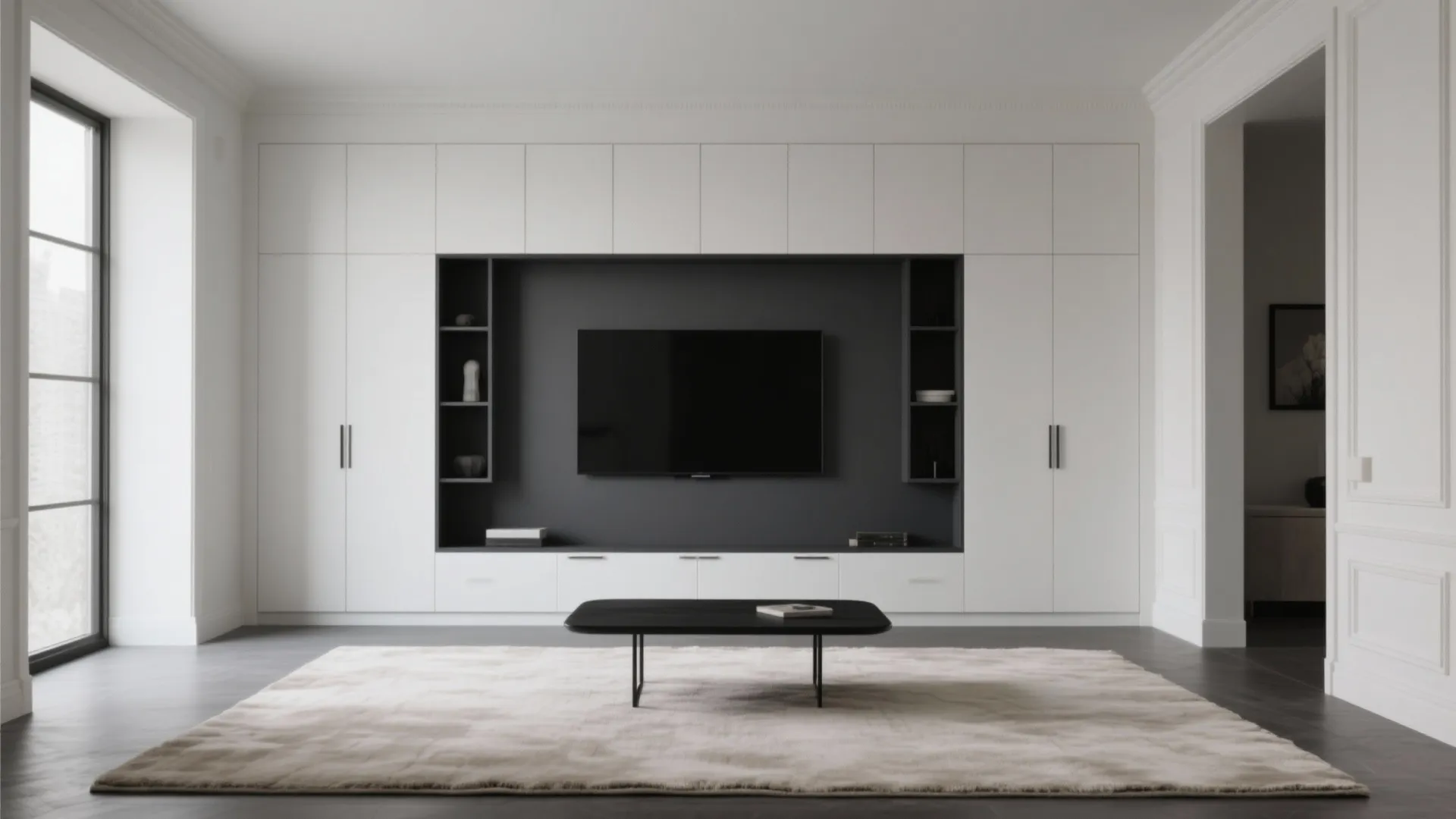 Minimalist living room featuring white wall cabinets charcoal gray television background and black low coffee table
