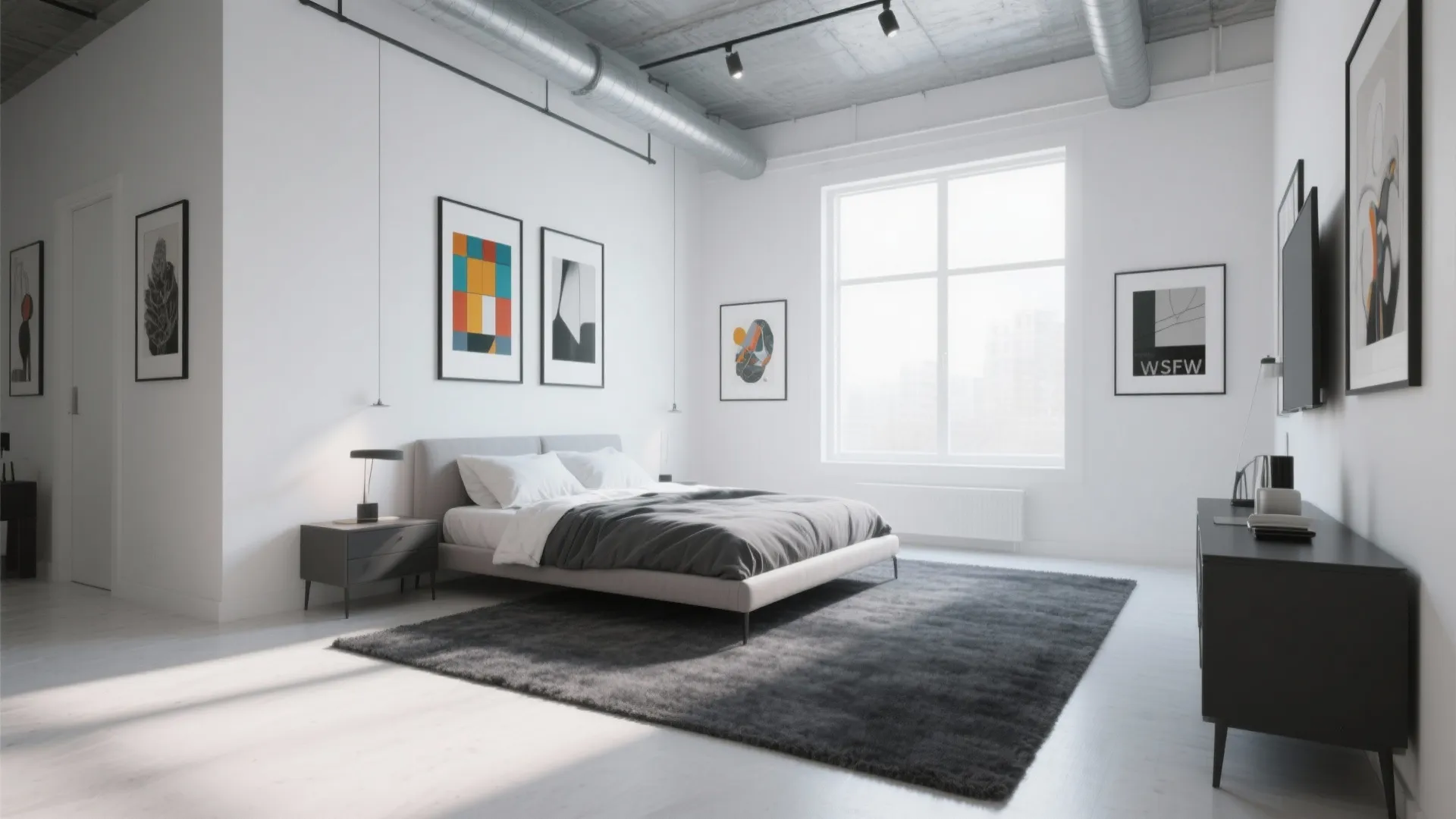 Modern loft bedroom with white walls, grey bed, industrial ceiling, black cabinet and wall art