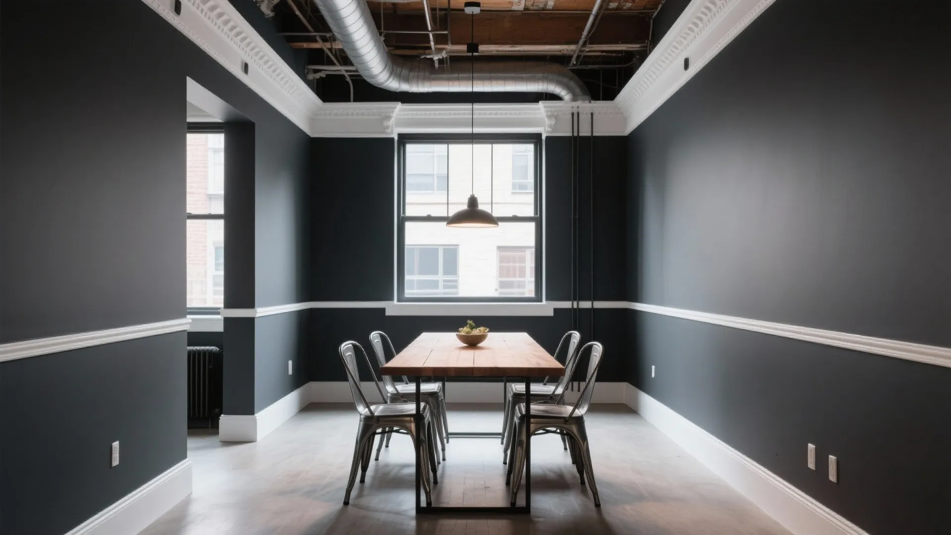 Loft dining space with charcoal walls and white trim