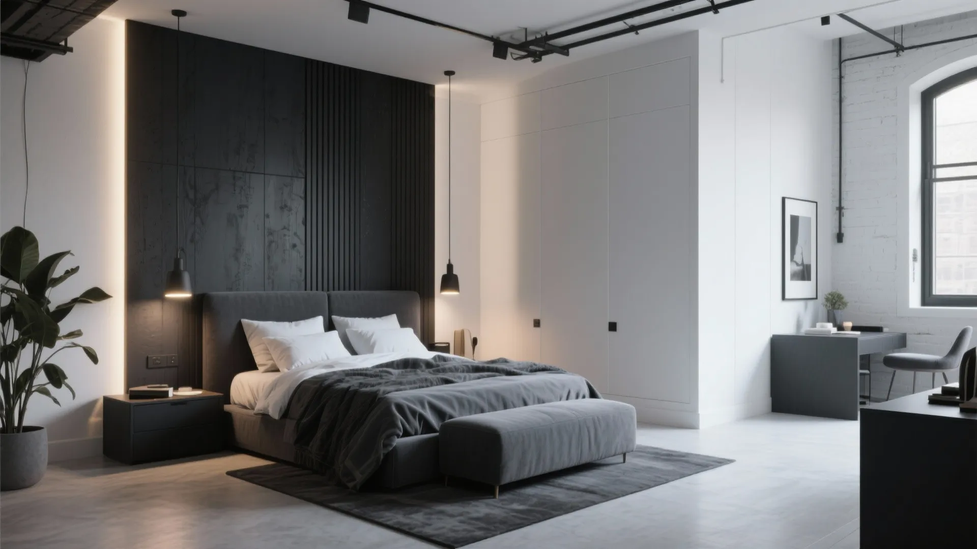 Industrial bedroom with black wall panel grey bed footrest white closet and desk by the window