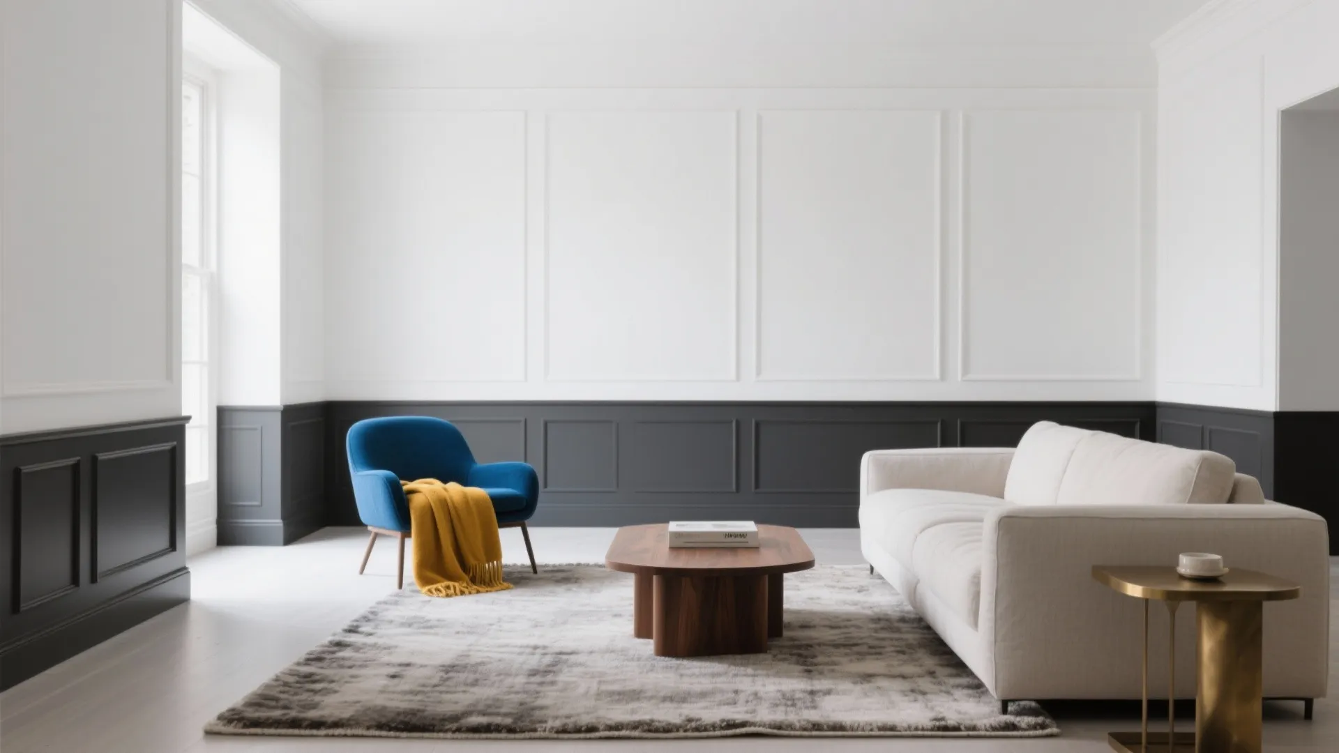 Modern living room with white walls grey wall panels blue armchair yellow blanket white sofa