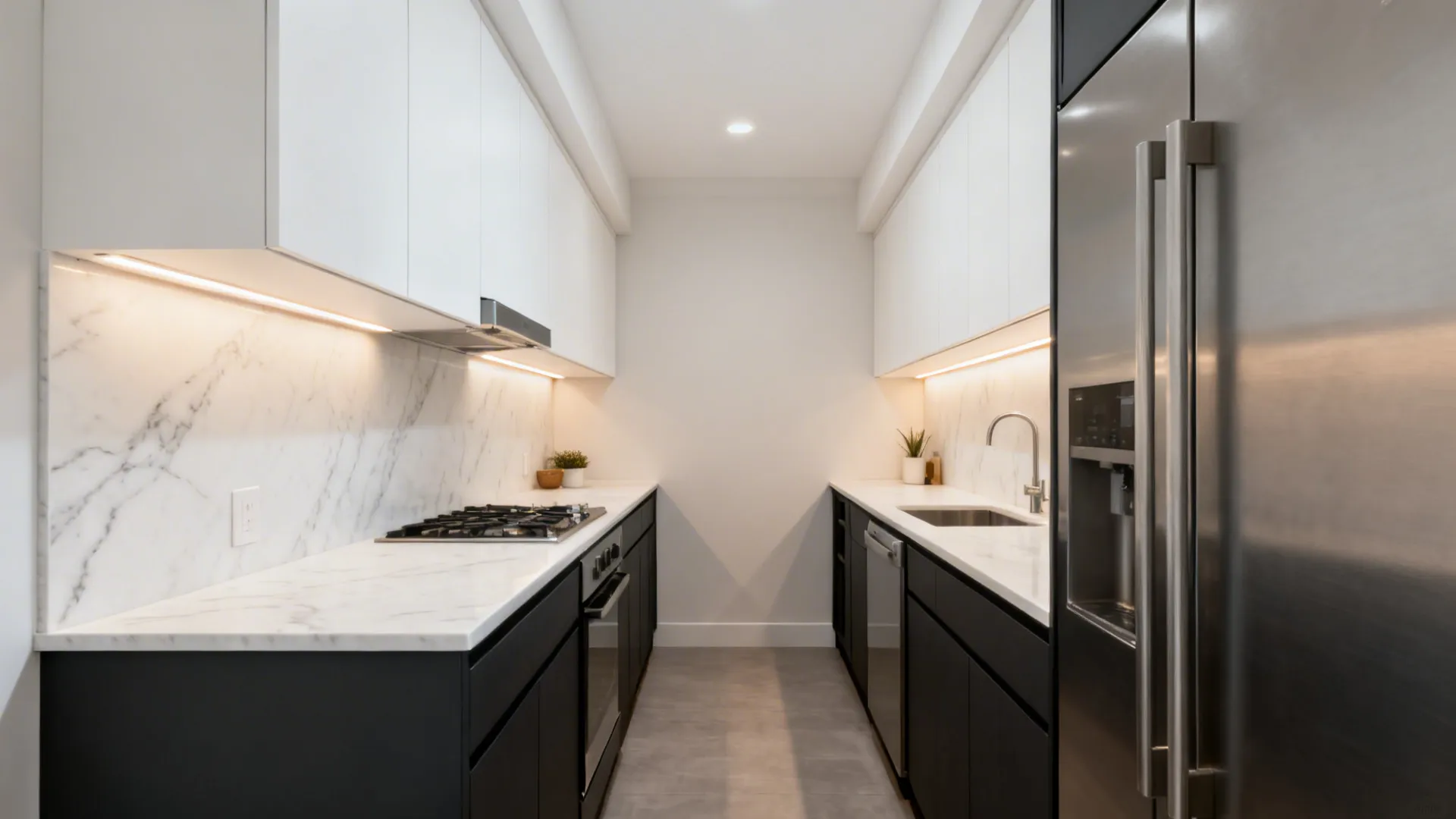 Small galley with charcoal lowers, white uppers, and veined quartz for a widened feel.