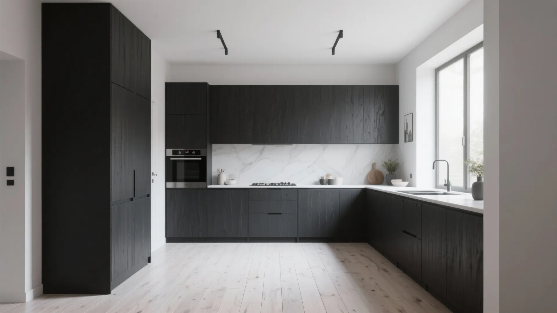 Scandinavian kitchen with charcoal cabinets and whitewashed oak floors, airy yet dramatic