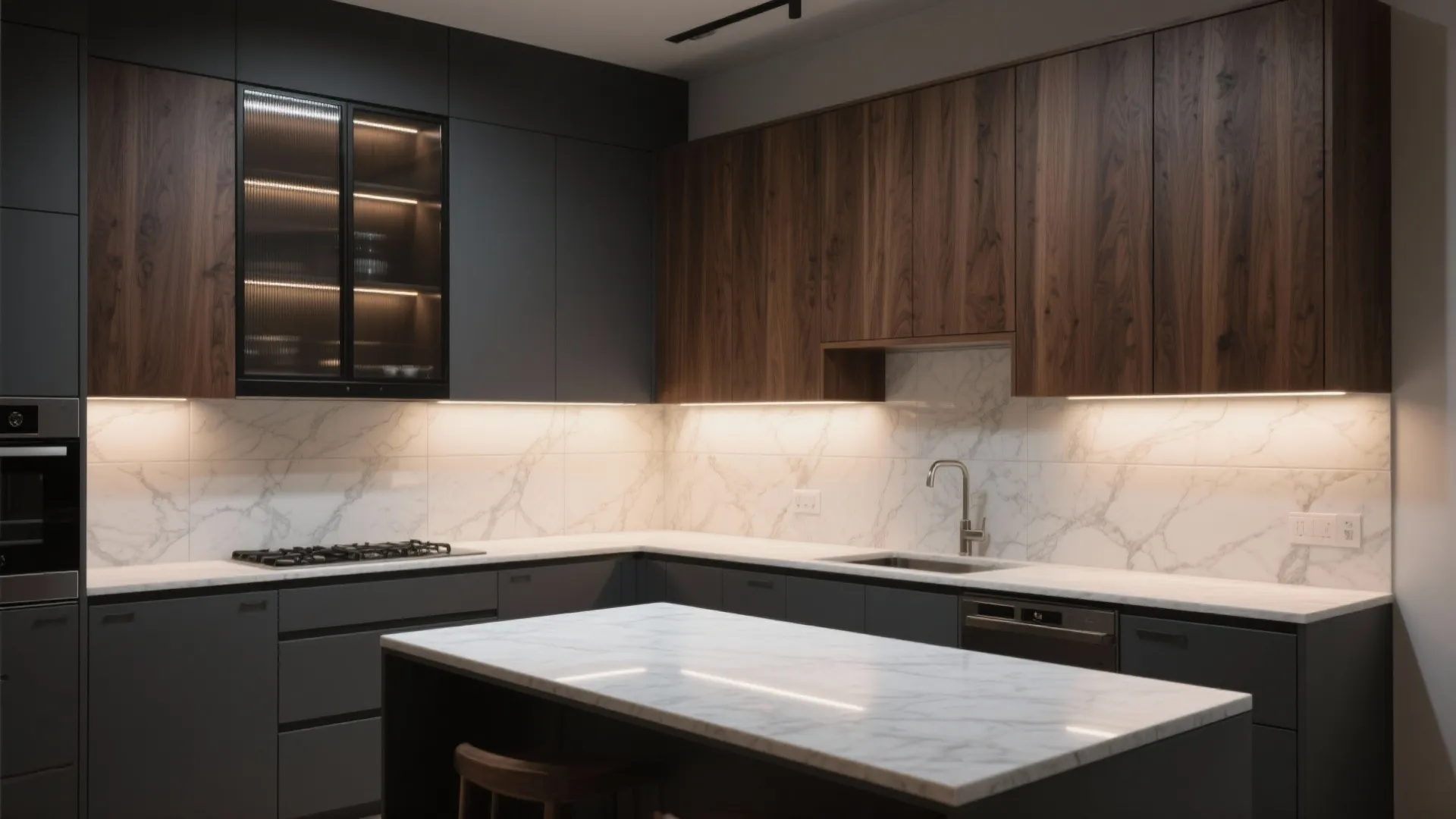 Modern kitchen with wood cabinets dark grey storage marble island and warm built in lighting
