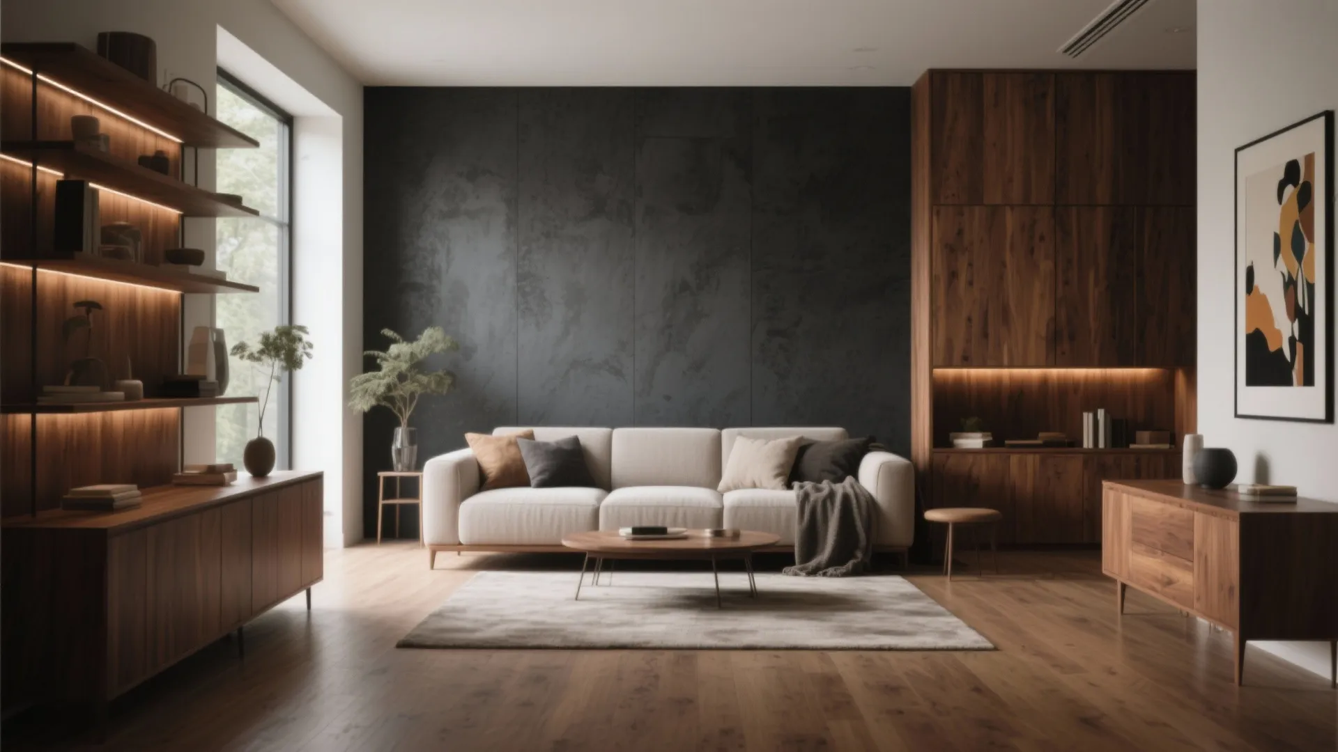 4. Soft Charcoal on the Focal Wall + Warm Wood Tones