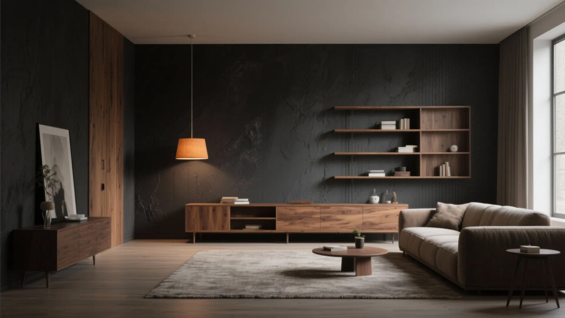 Living room with deep charcoal walls and warm oak furniture, lit by soft amber lighting to create a cozy, intentional look.