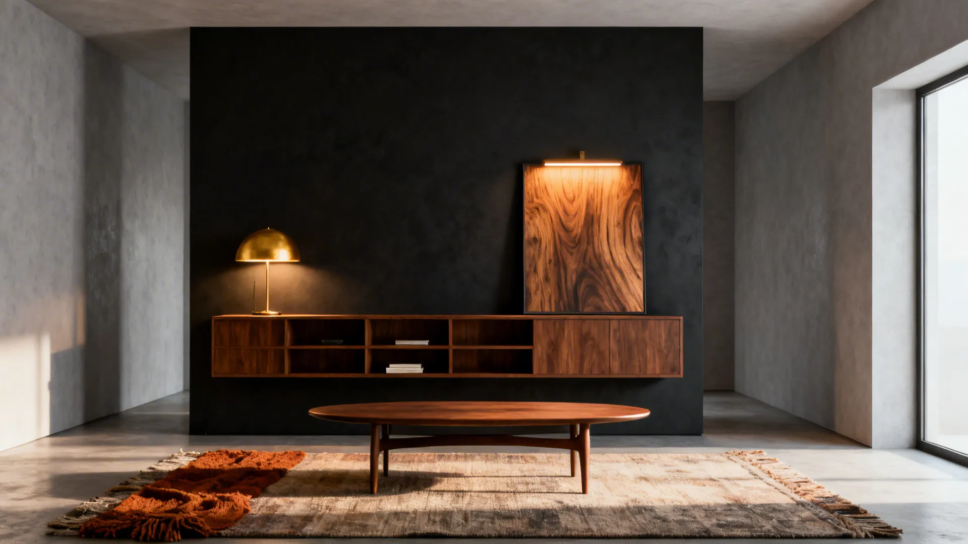 Living room with a charcoal accent wall, walnut shelving and mid-century coffee table under layered lighting