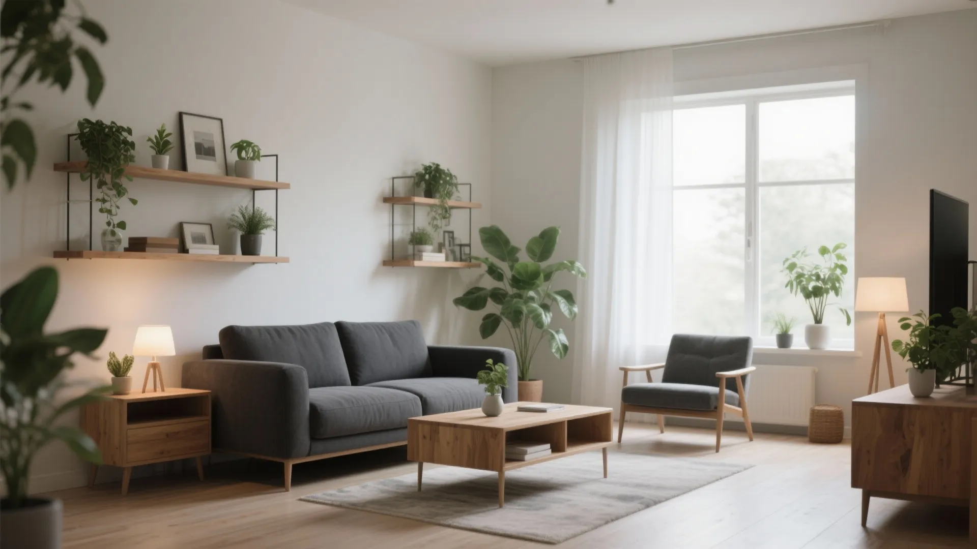 Living room with grey sofa wooden shelves small table white curtain floor light and green plants