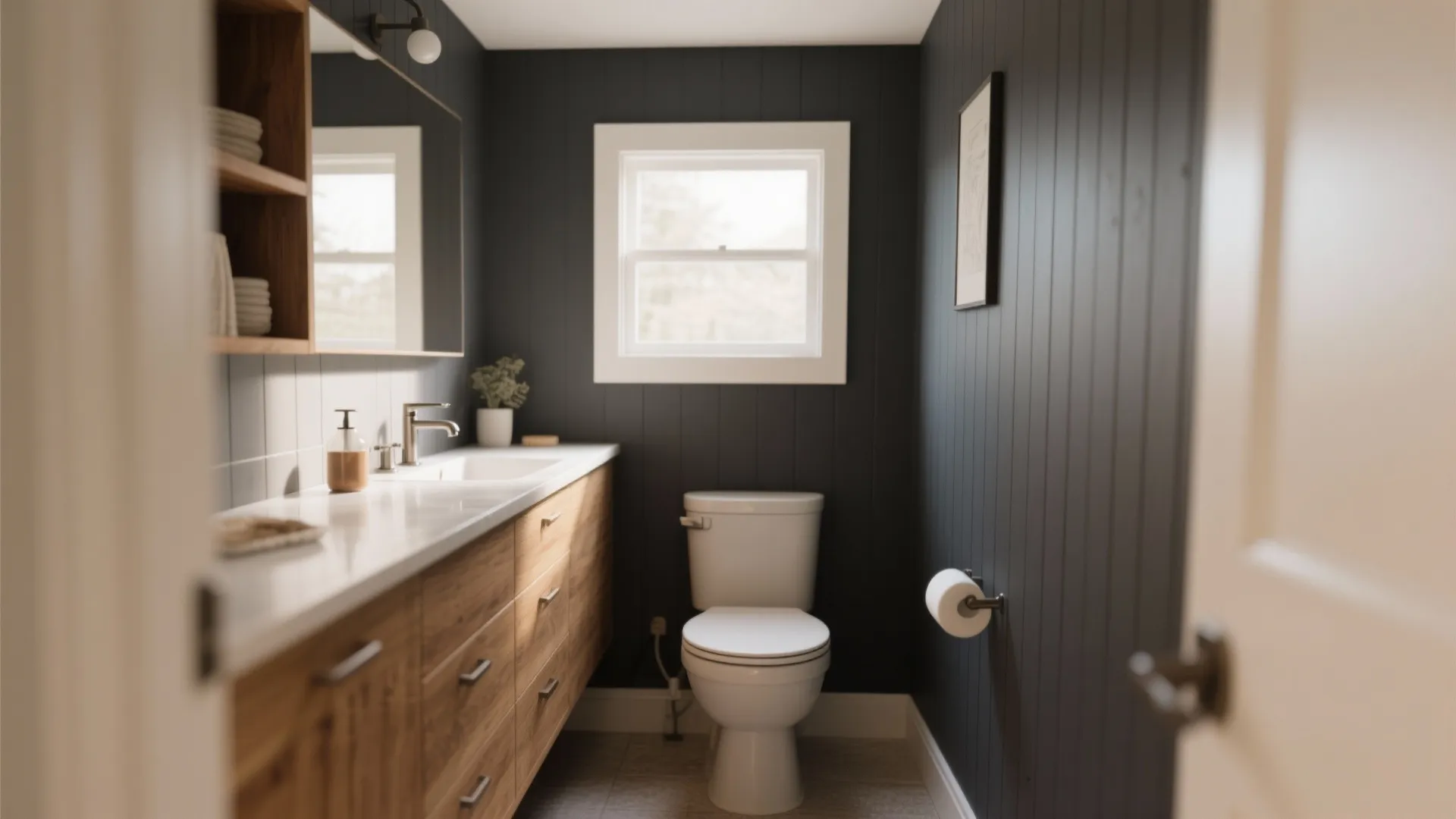 Small bathroom with dark grey wall panels white toilet wood cabinet and white roof window