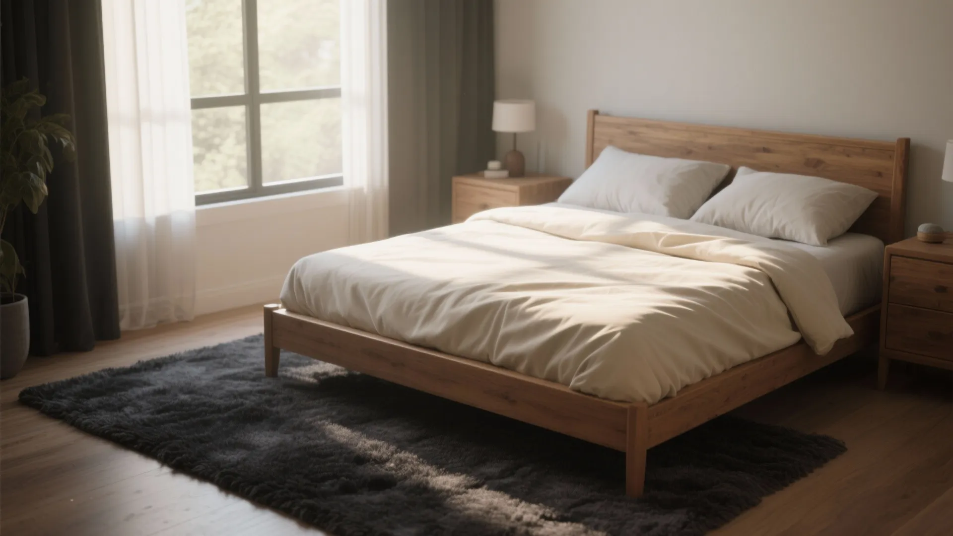 Modern bedroom with wooden bed frame charcoal area rug white curtains and natural sunlight through window