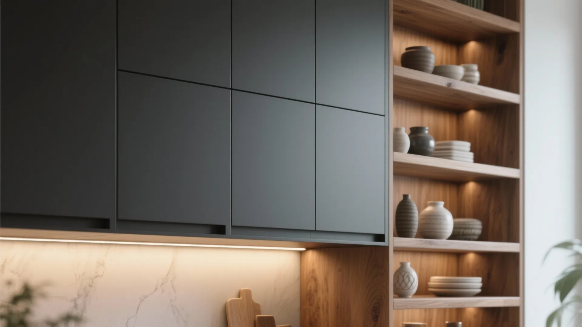 Close-up of matte charcoal cabinets and warm oak open shelving with under-cabinet lighting.