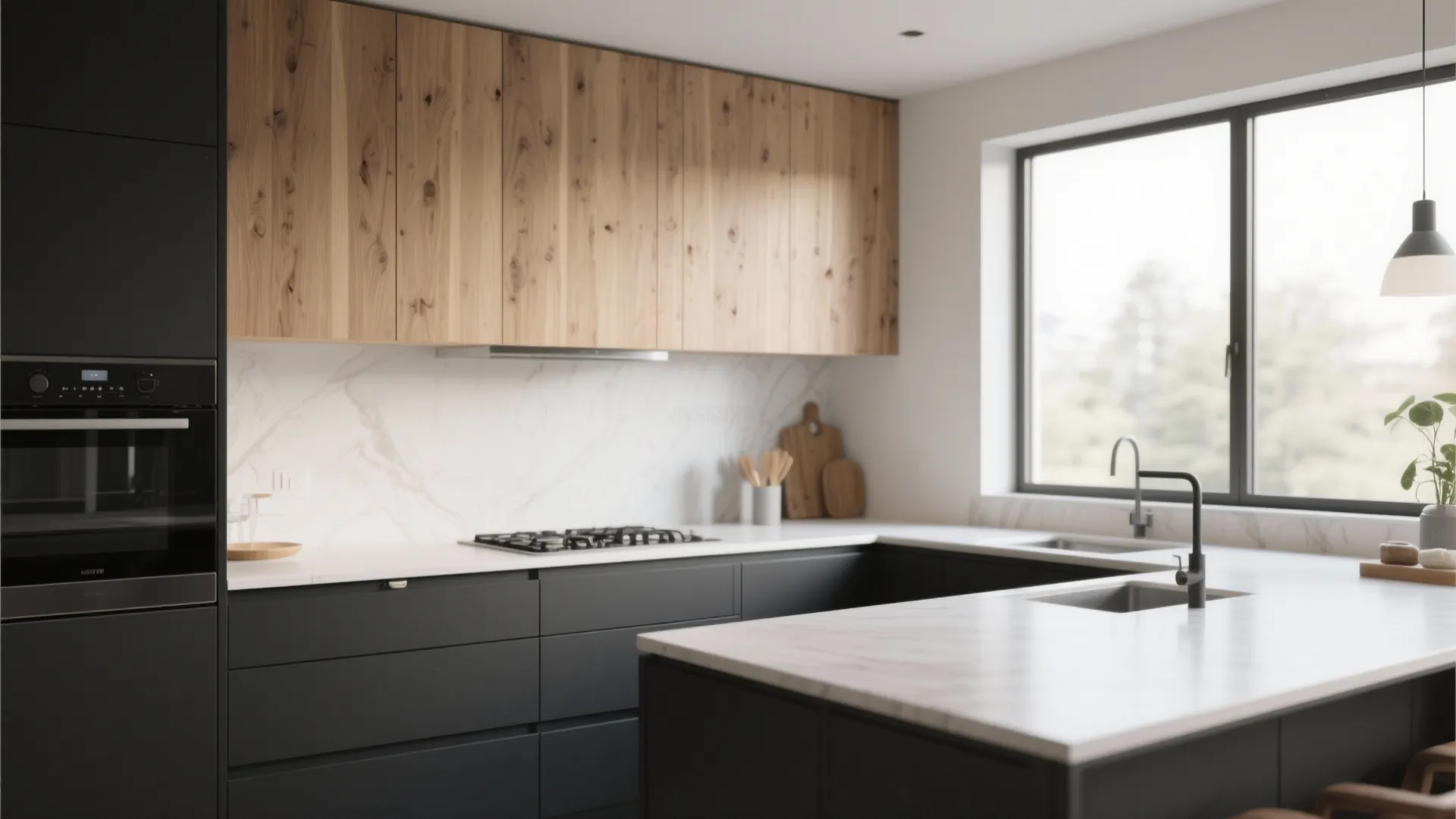 Modern kitchen with black lower cabinets wood upper cabinets white marble backsplash and large window view