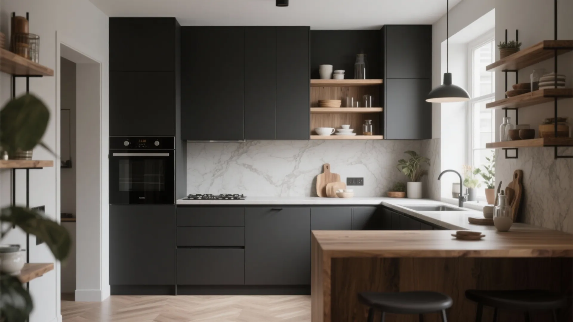 Modern black kitchen cabinets with marble backsplash wooden shelves and island under a ceiling light