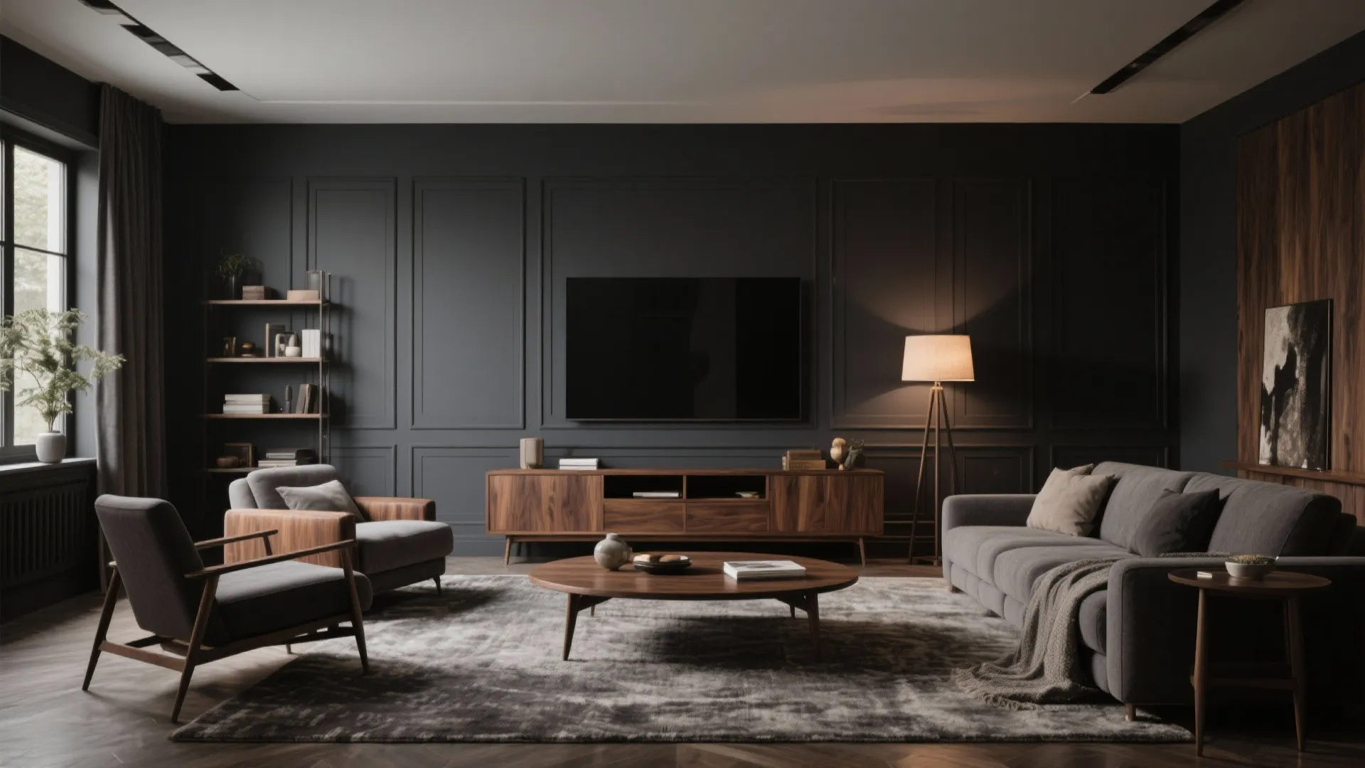 Modern dark grey living room with wooden cabinet television grey sofa rug and a floor lamp