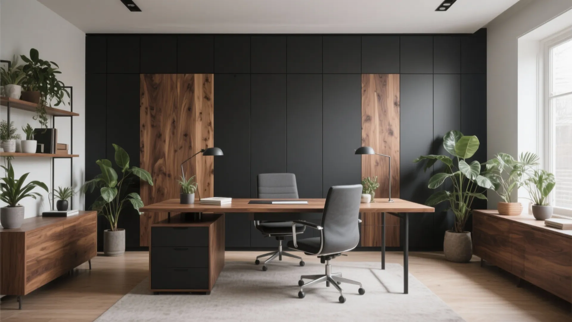 Modern home office with wooden desk black chairs wood wall panel storage and green indoor plants