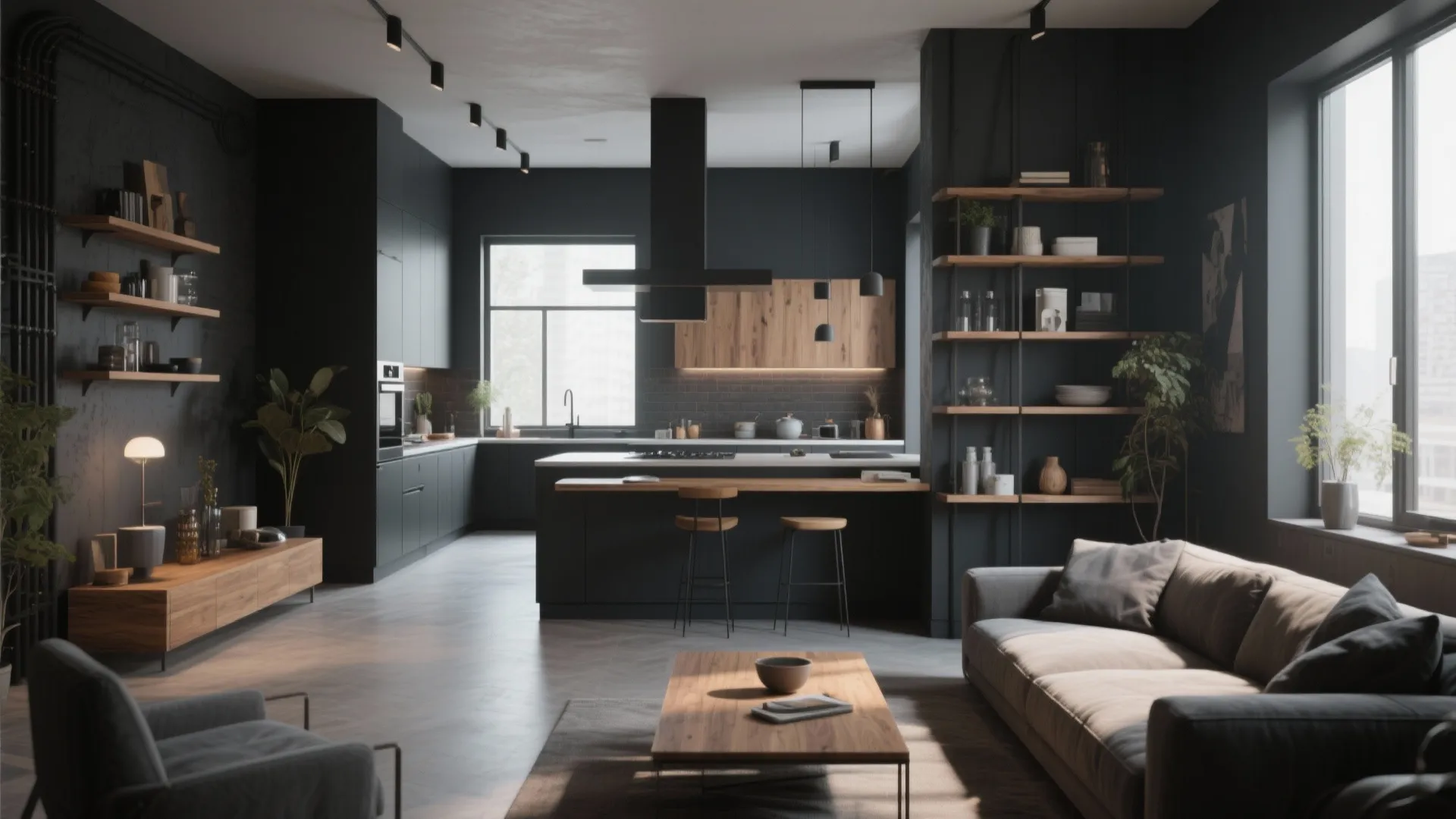 Modern dark living room with wooden shelves, grey sofa, kitchen island, and black ceiling lights
