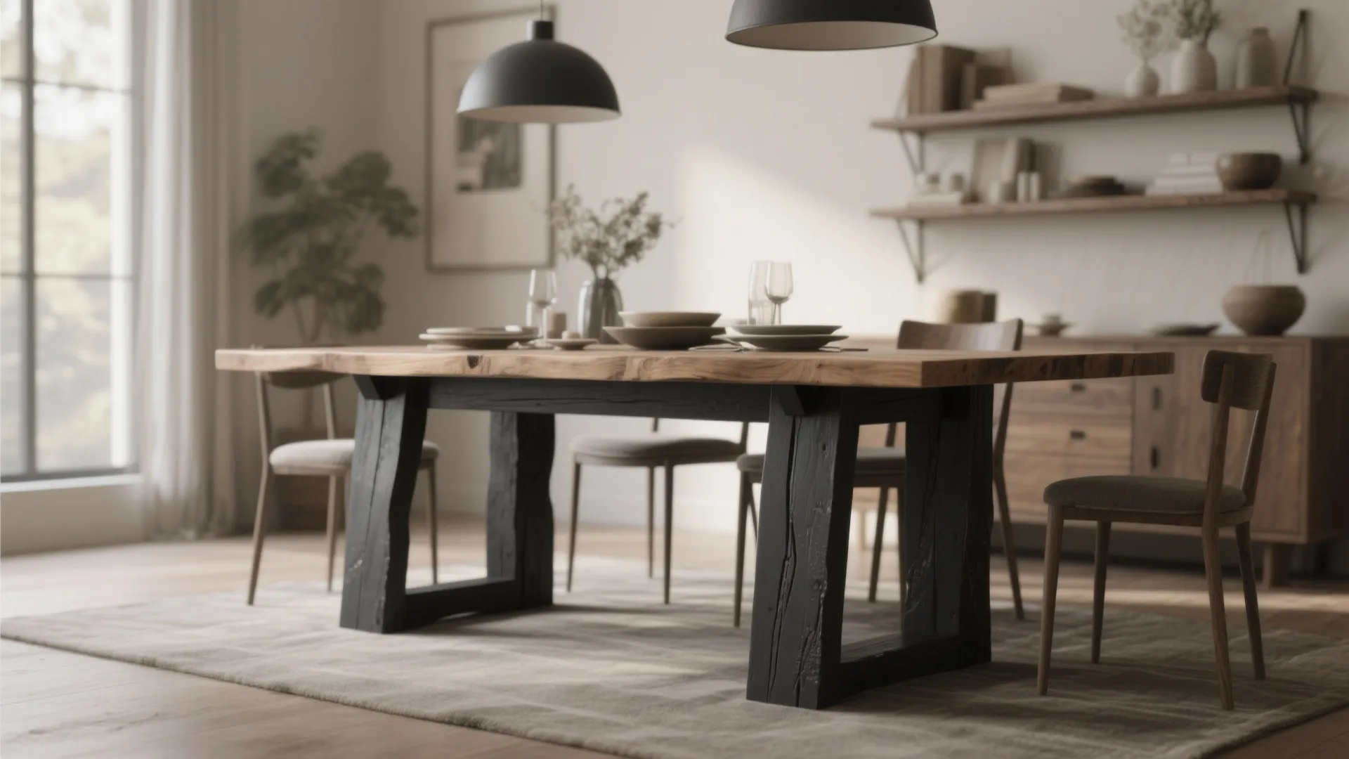 Natural wood dining table with black legs, four chairs, two black ceiling lights, wall shelves