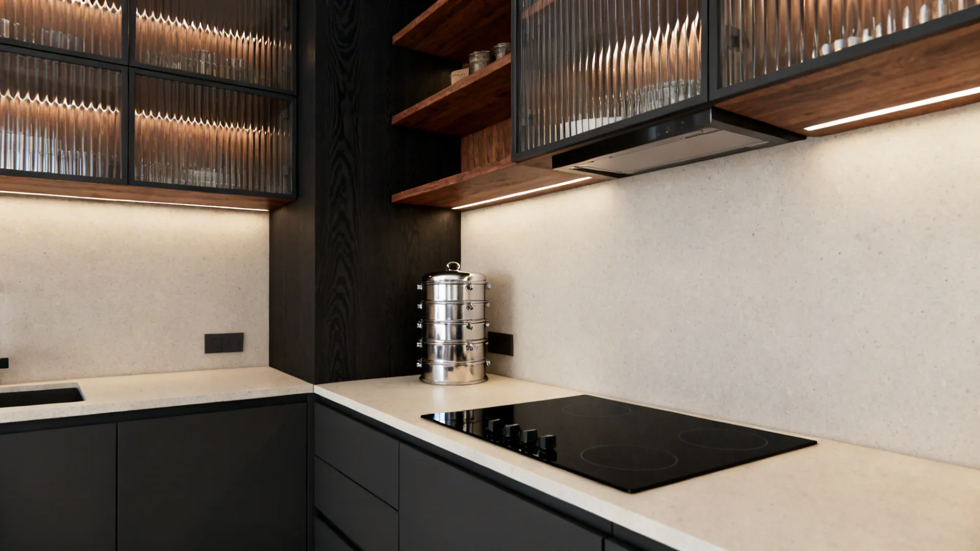 Compact kitchen with matte charcoal bases, wood grain accents, and ribbed glass uppers.
