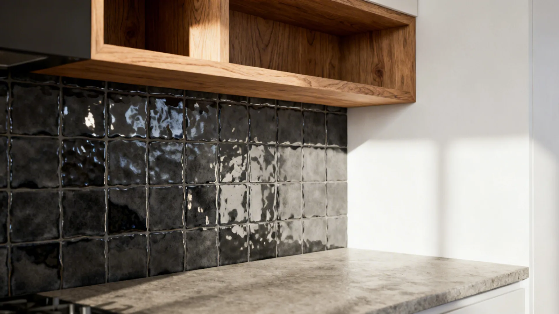 Micro kitchen with glossy charcoal zellige backsplash, natural oak shelves, and soft white walls.