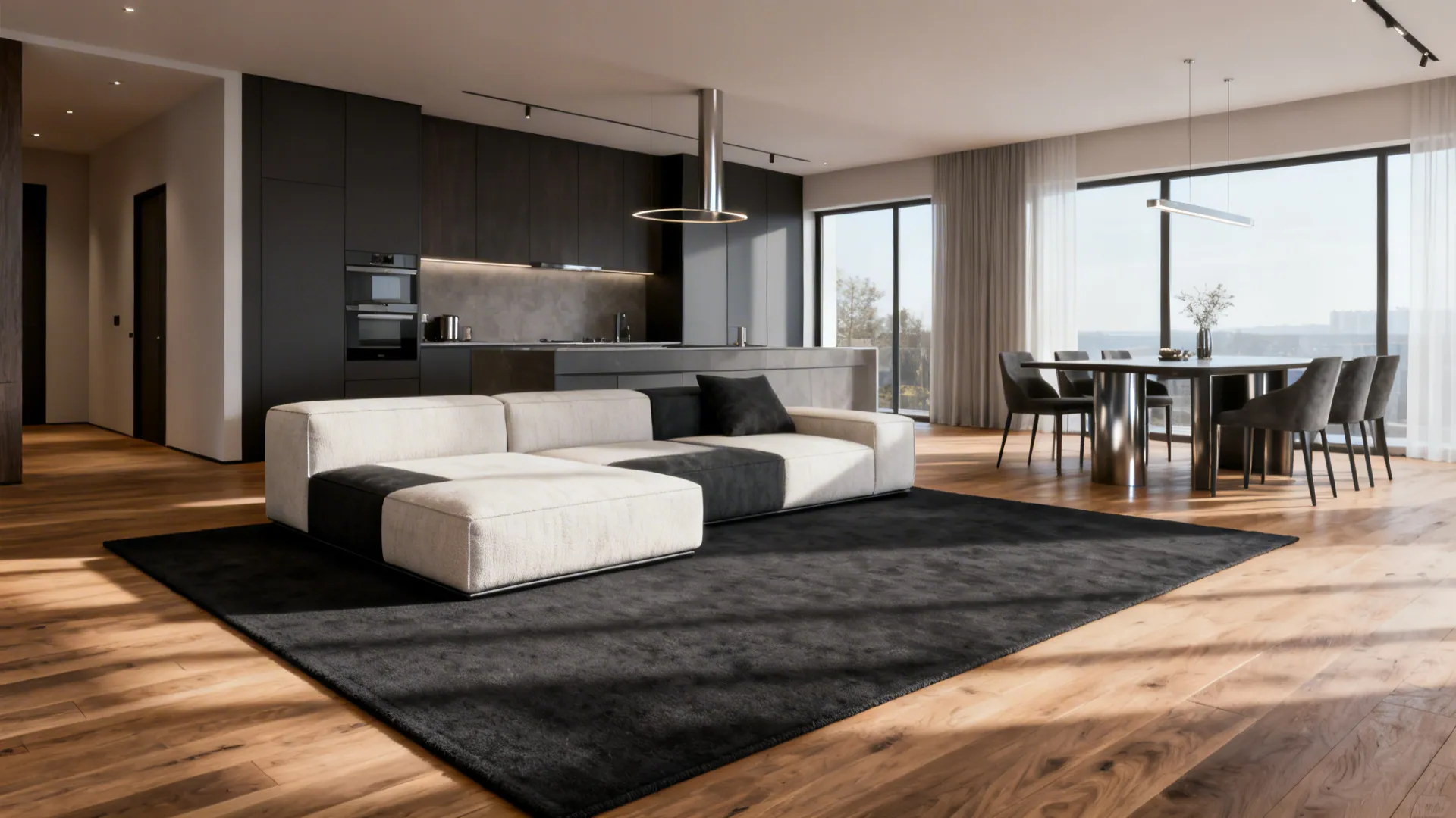 Open-plan living with a charcoal rug anchoring the seating zone beside a dining area