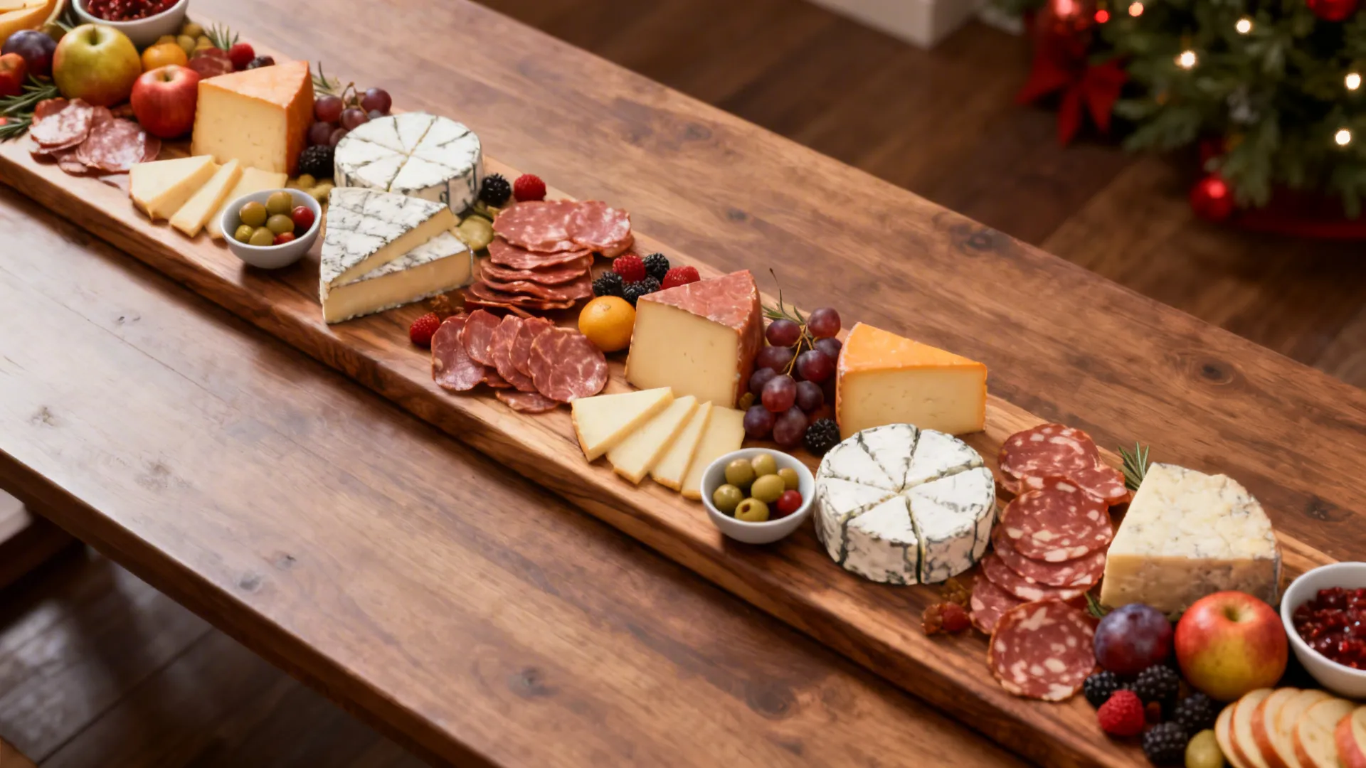 Long wooden board with various cheeses meat grapes and berries on a wood dining table