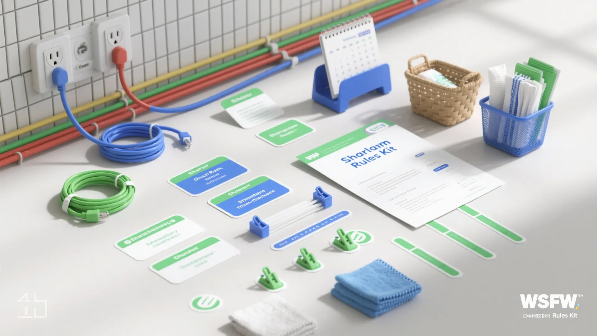 Desk with color coded cables and paper rules kit with tags and a blue basket