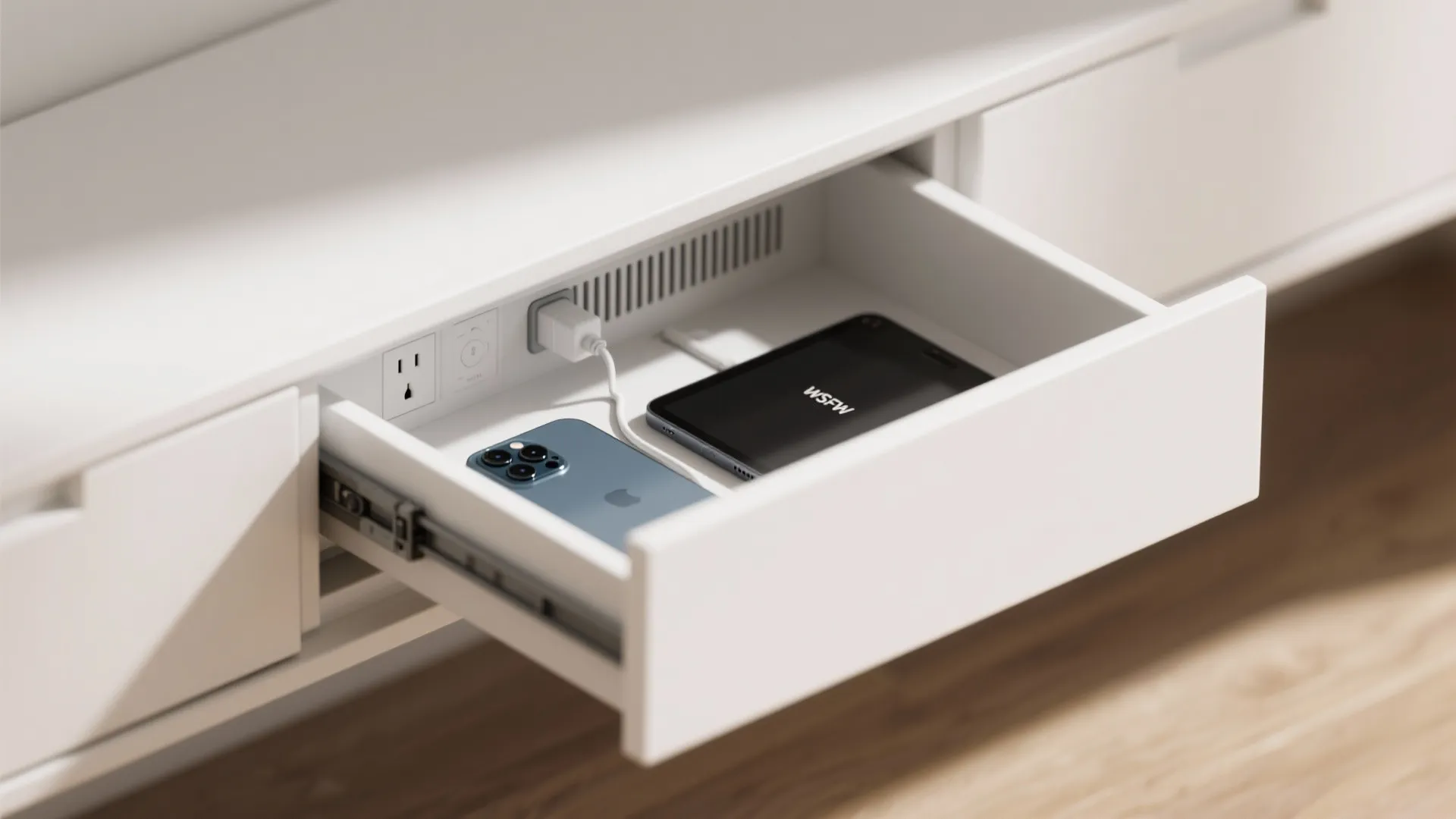 Hidden charging and utility drawer