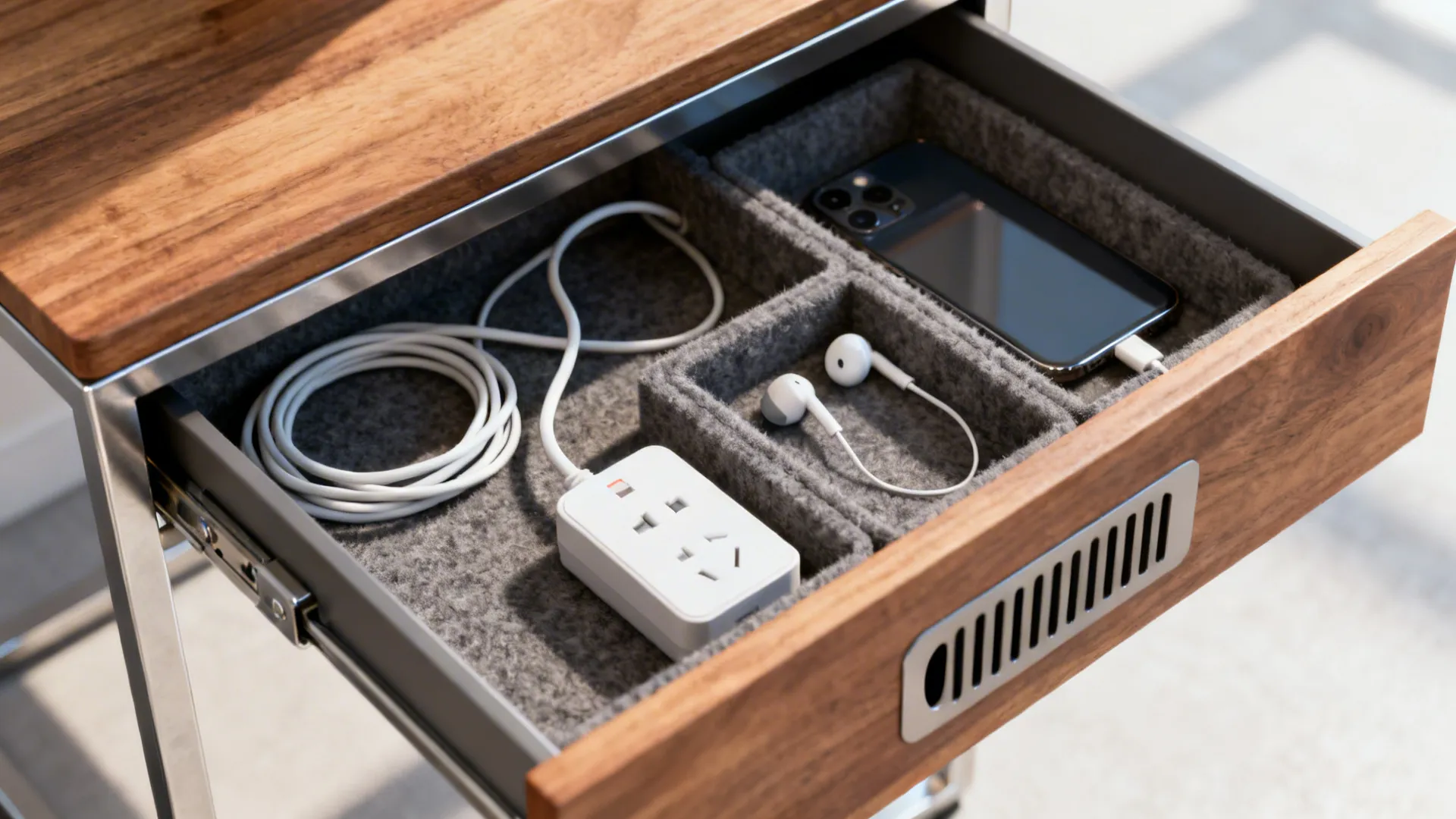 Close-up of an end table’s charging drawer showing cable pass-through and a surge-protected power strip.