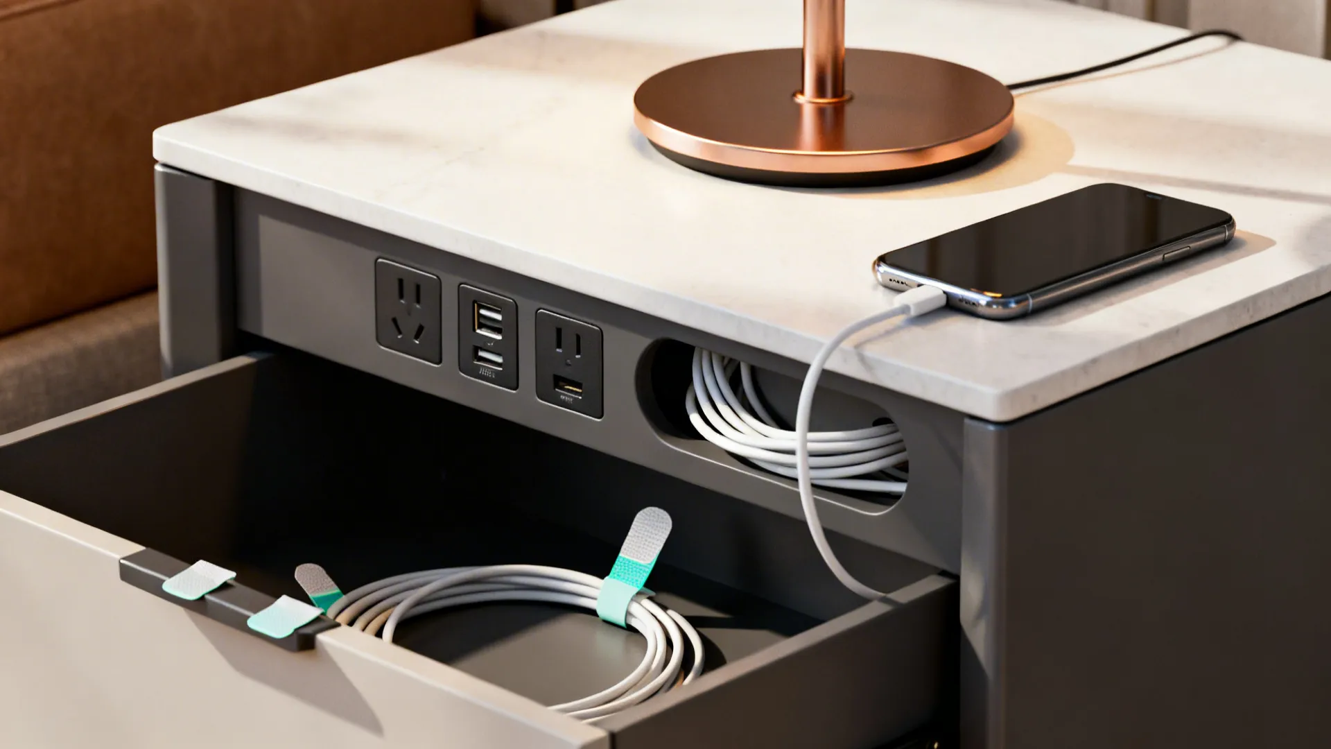 End table with built-in USB ports and concealed cable management with neat routing.