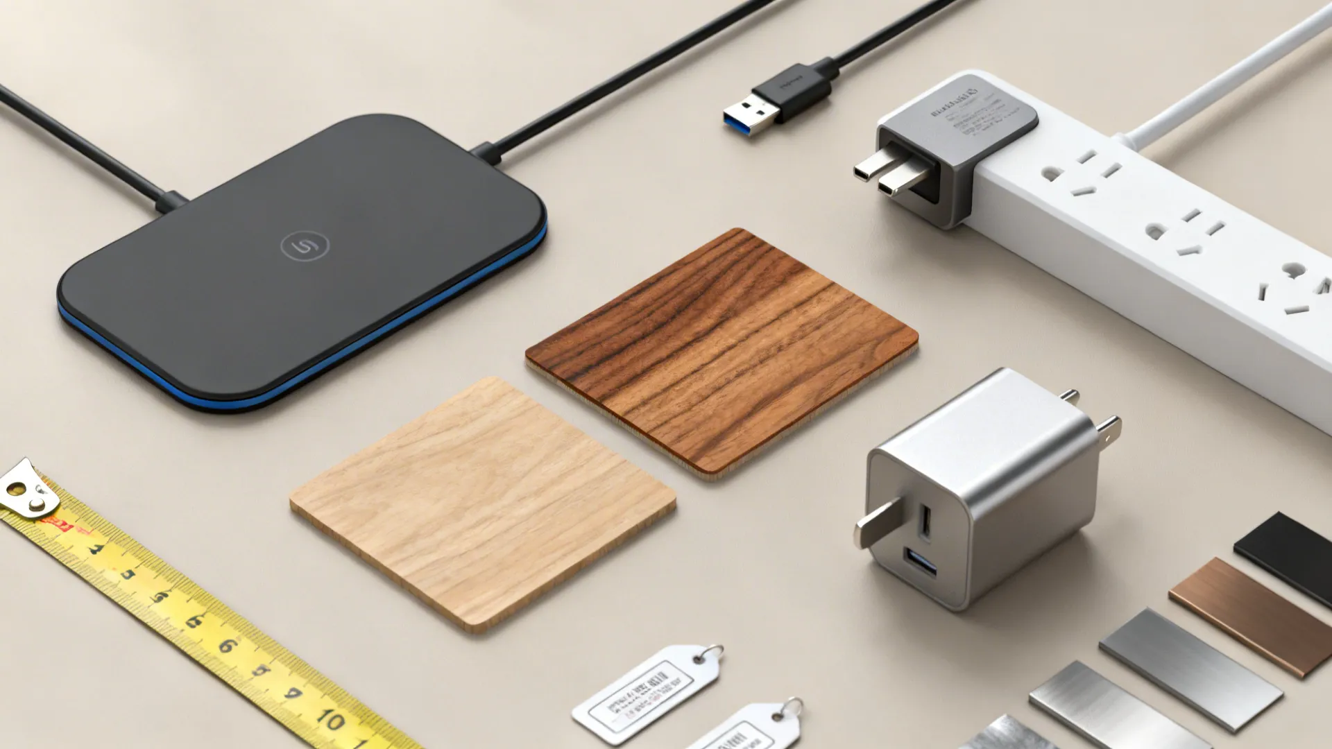 Flatlay of wireless pad, USB-C module, power strip and material swatches for end table planning