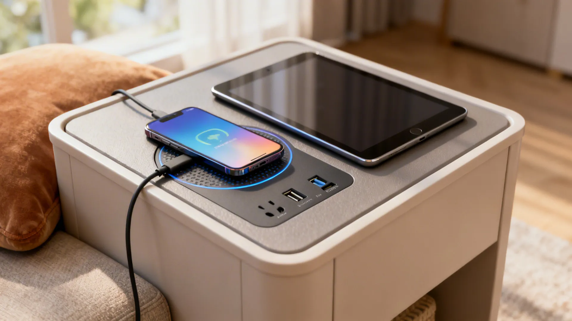 Square end table with integrated wireless charging pad and USB ports charging devices.