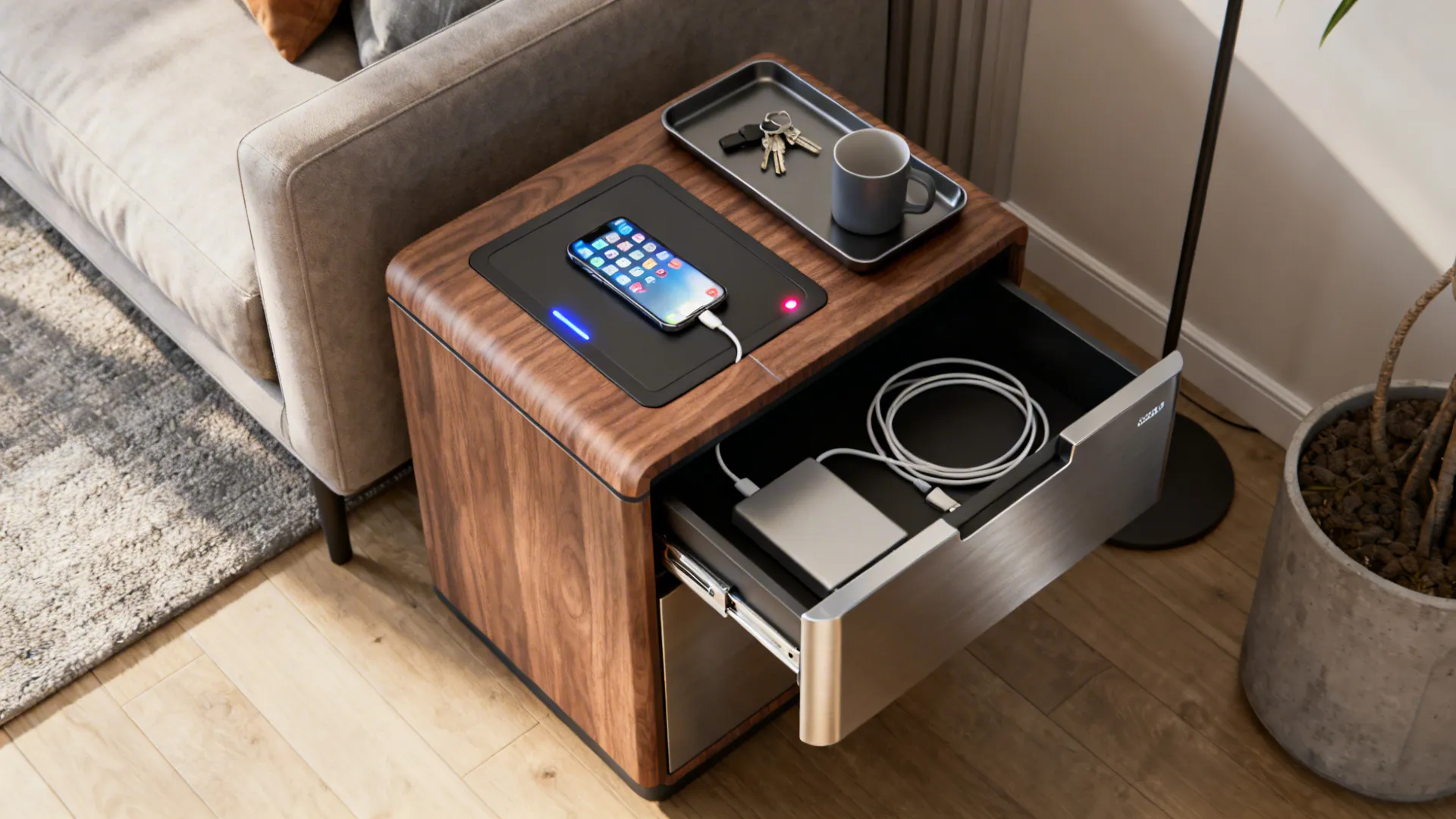 Overhead view of a multi-functional side table with wireless charging pad, removable tray, and hidden drawer.