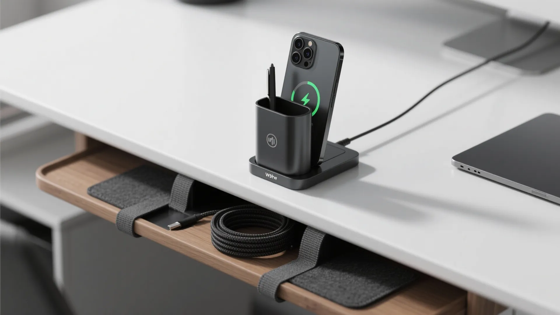 Idea 2: Slim vertical charging stand with cable tuck