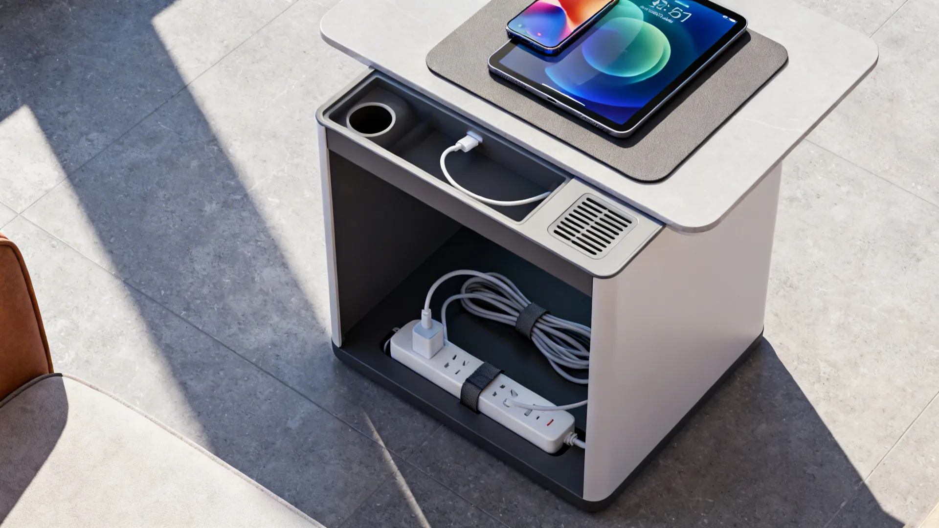 Top-down view of a side table with integrated charging station showing cable routing and vent.