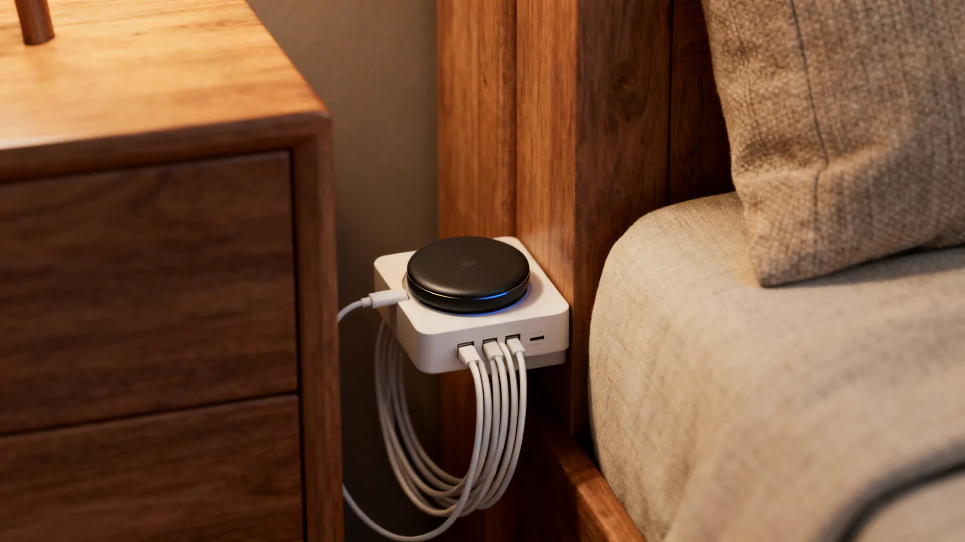 Rechargeable puck being placed on a USB charging station near living room furniture.