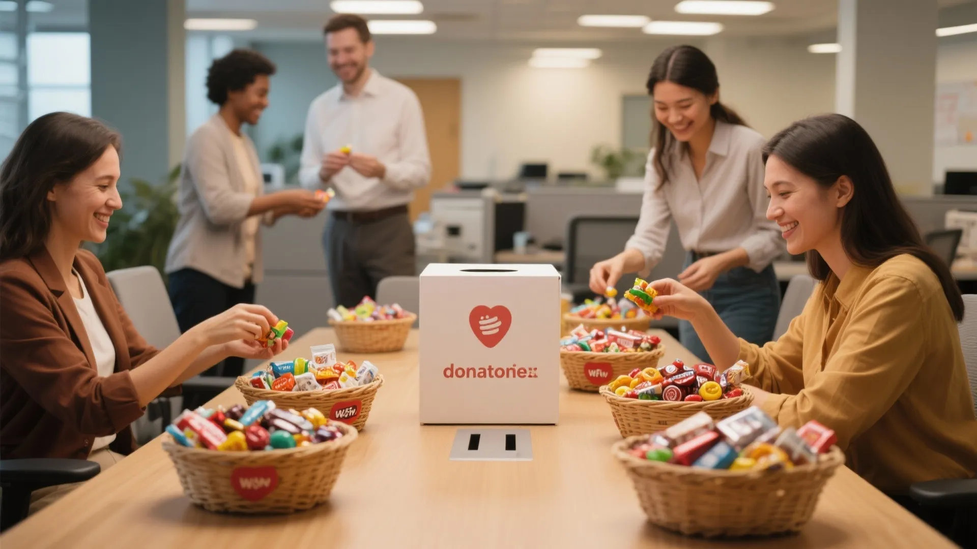 Group of smiling office workers sitting around a table filling baskets with candy for donation