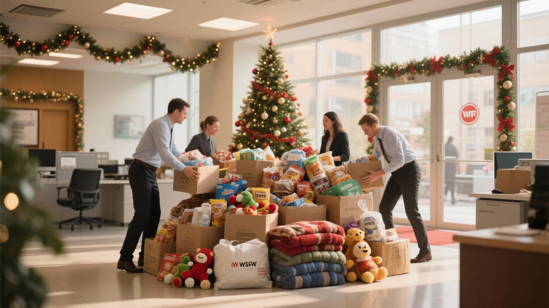 Office charity drive with donated items piled in festive lobby