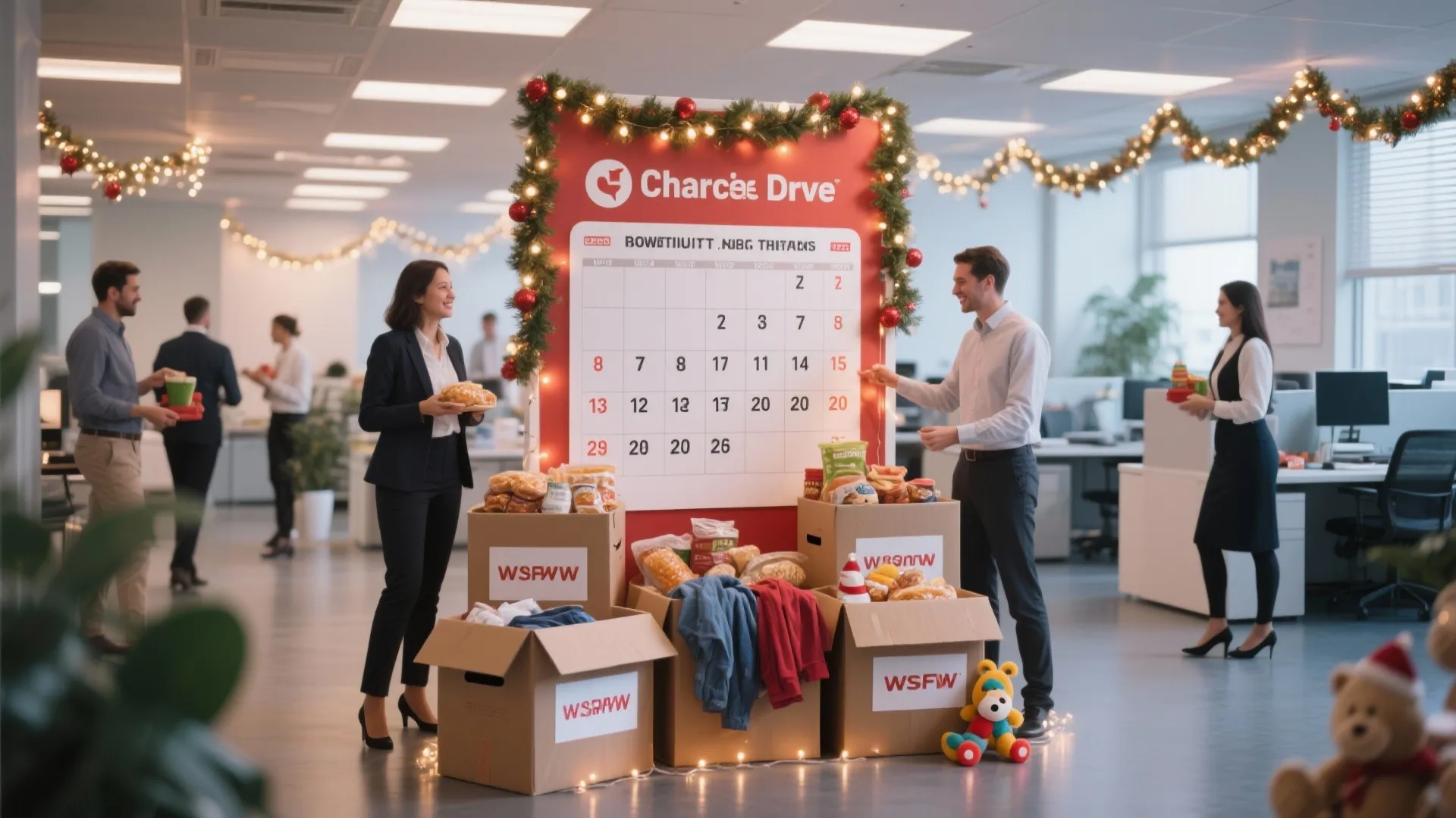 Office charity drive event with employees standing near donation boxes and a large wall calendar