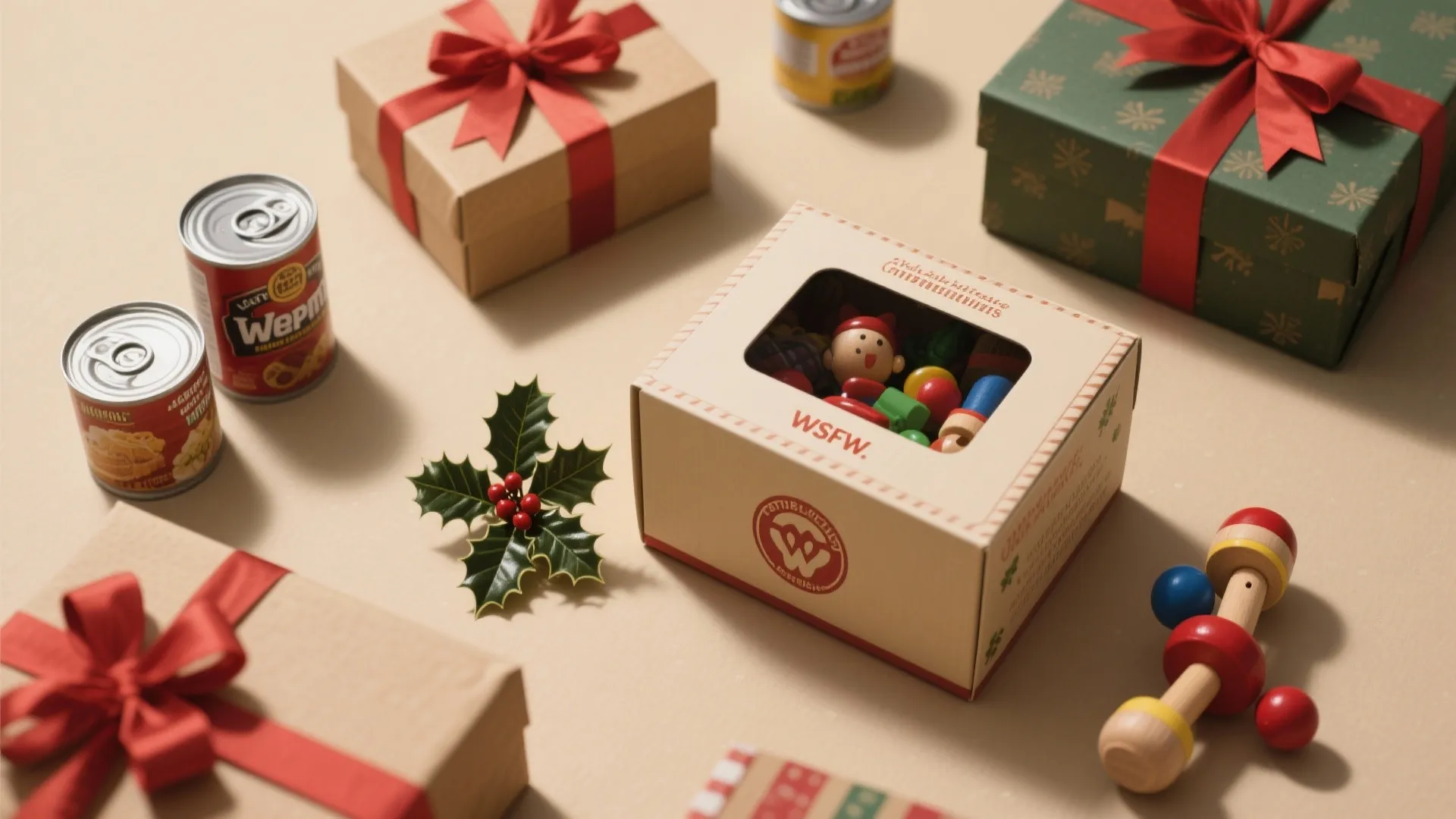 Donation items including canned food and toy boxes with red ribbons for a holiday charity