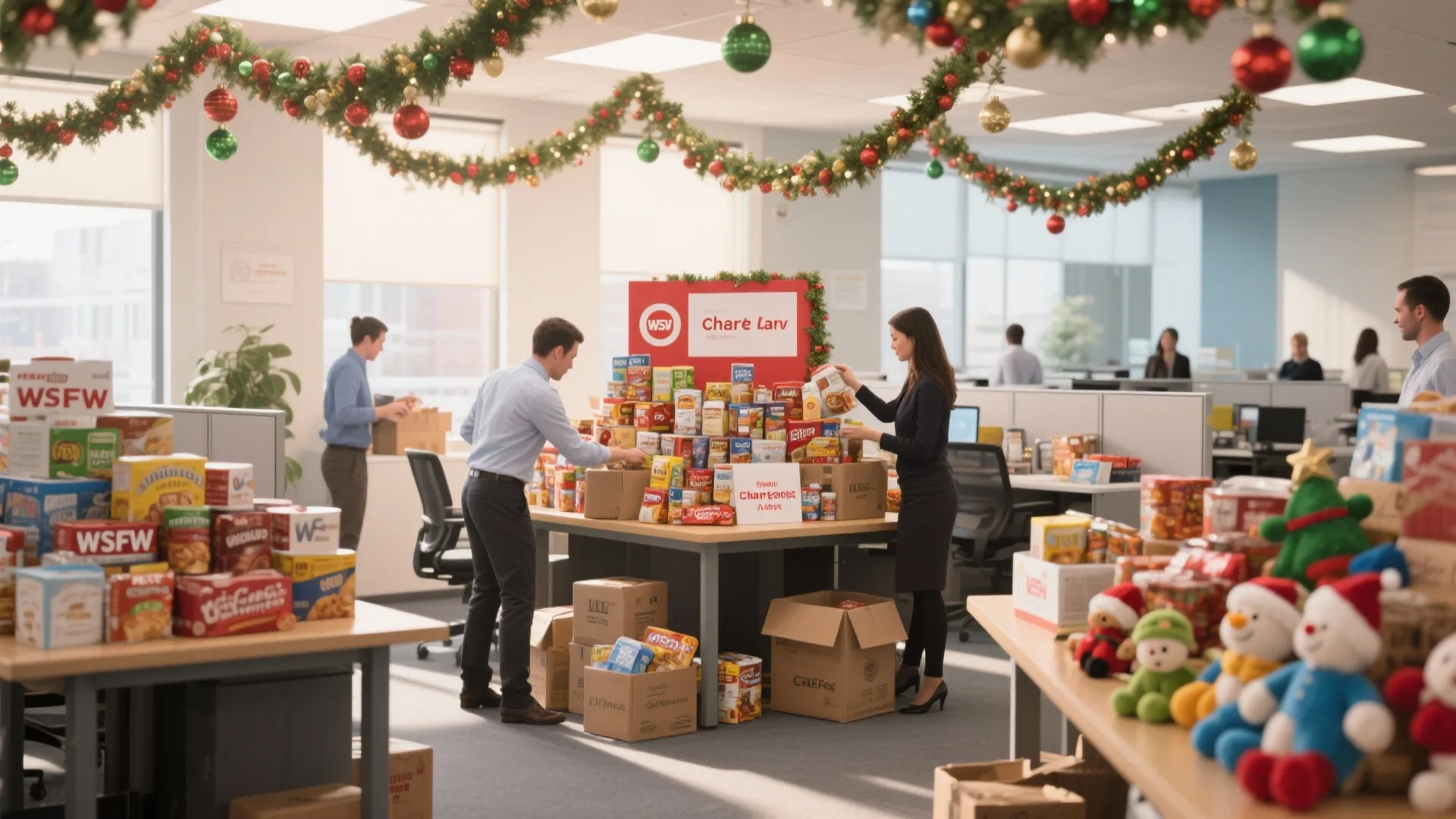 Office workers sorting food donation boxes on a table with Christmas decorations and green garlands
