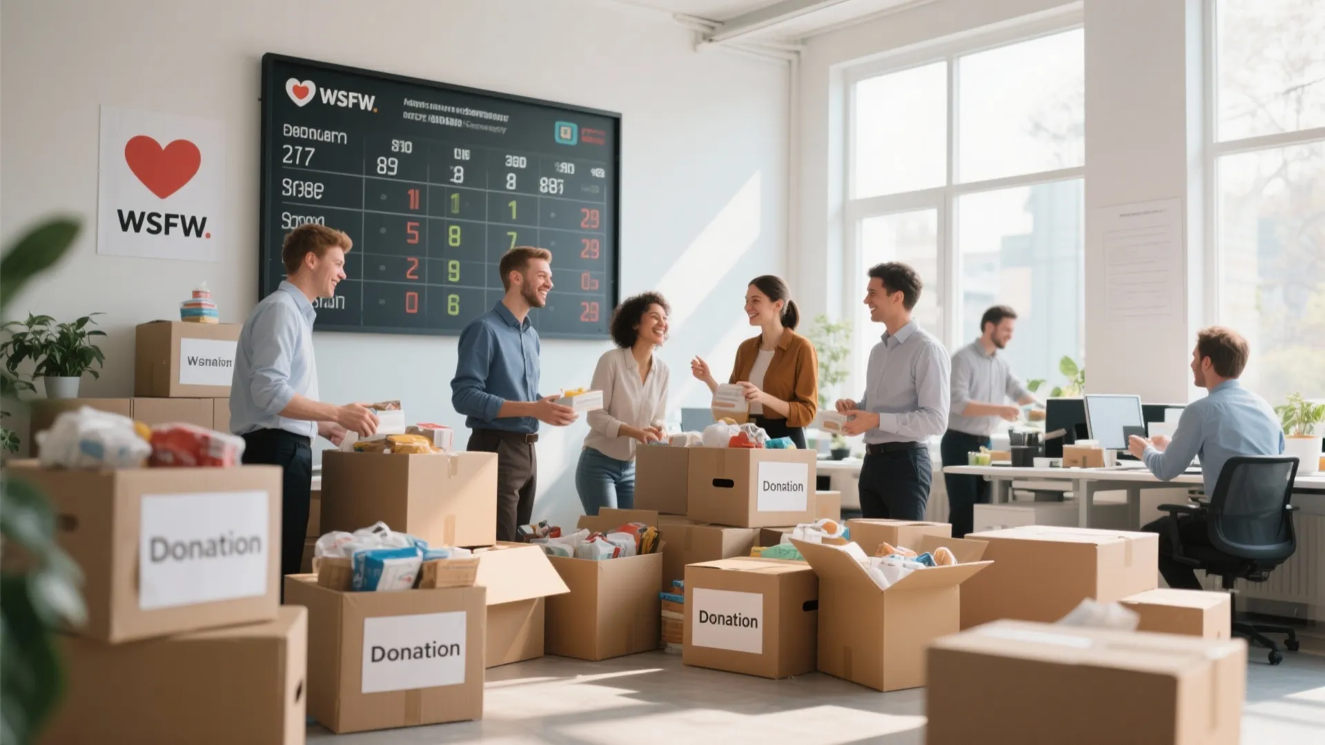 Group of office workers packing donation boxes with food and supplies in a bright office