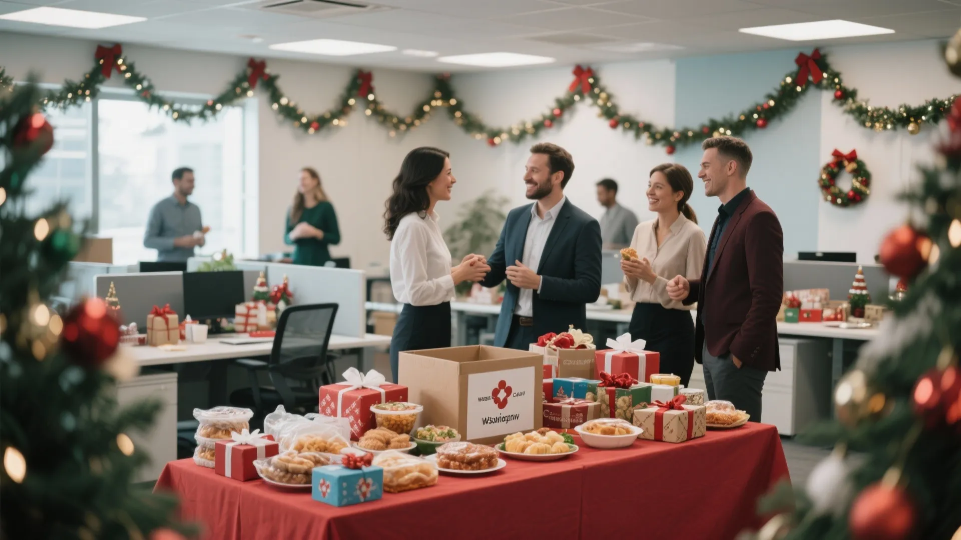 Office employees talking near a table with food and gift boxes for a holiday charity drive