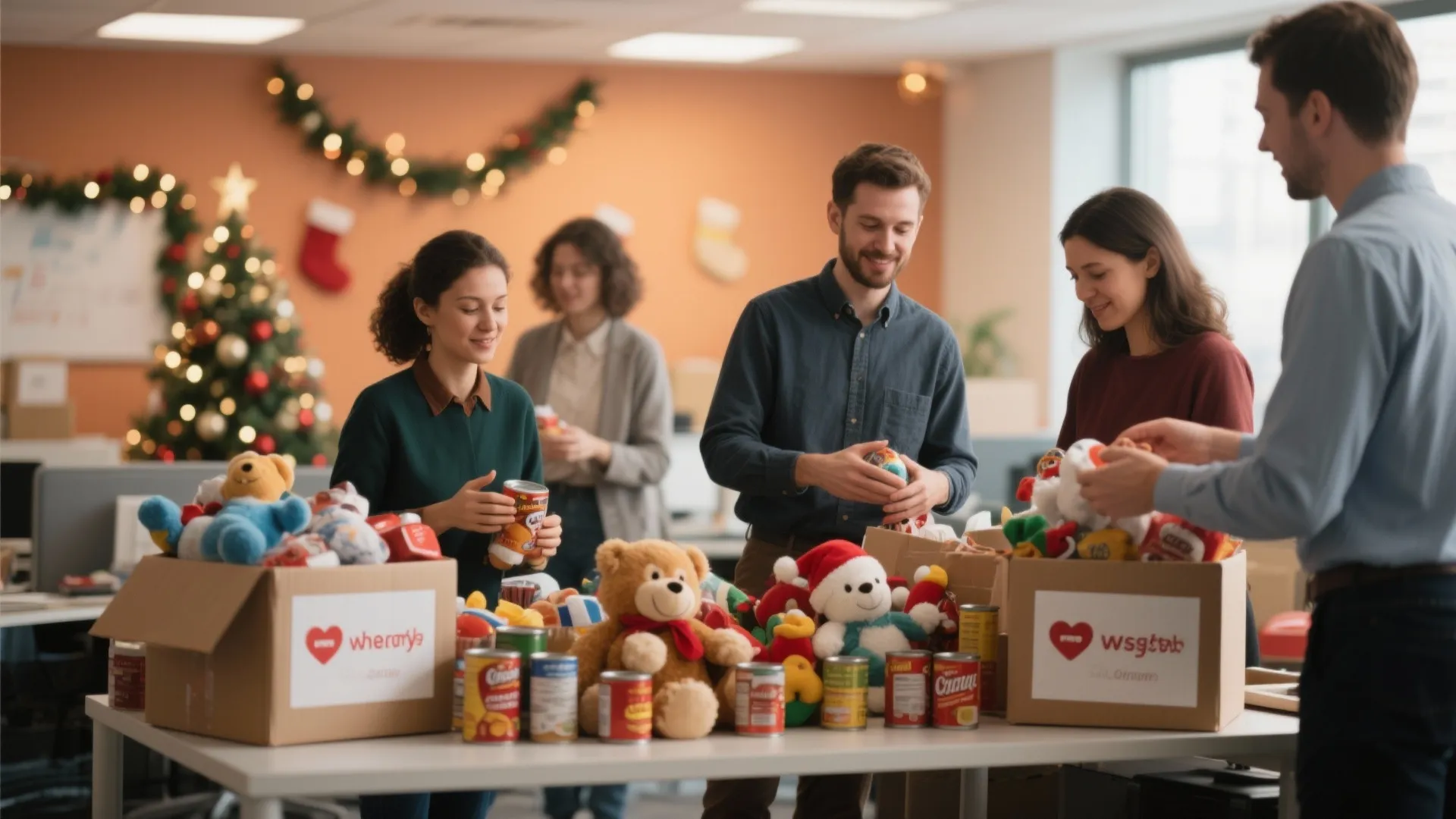 Office employees packing donation boxes with teddy bears and canned food during a holiday charity event