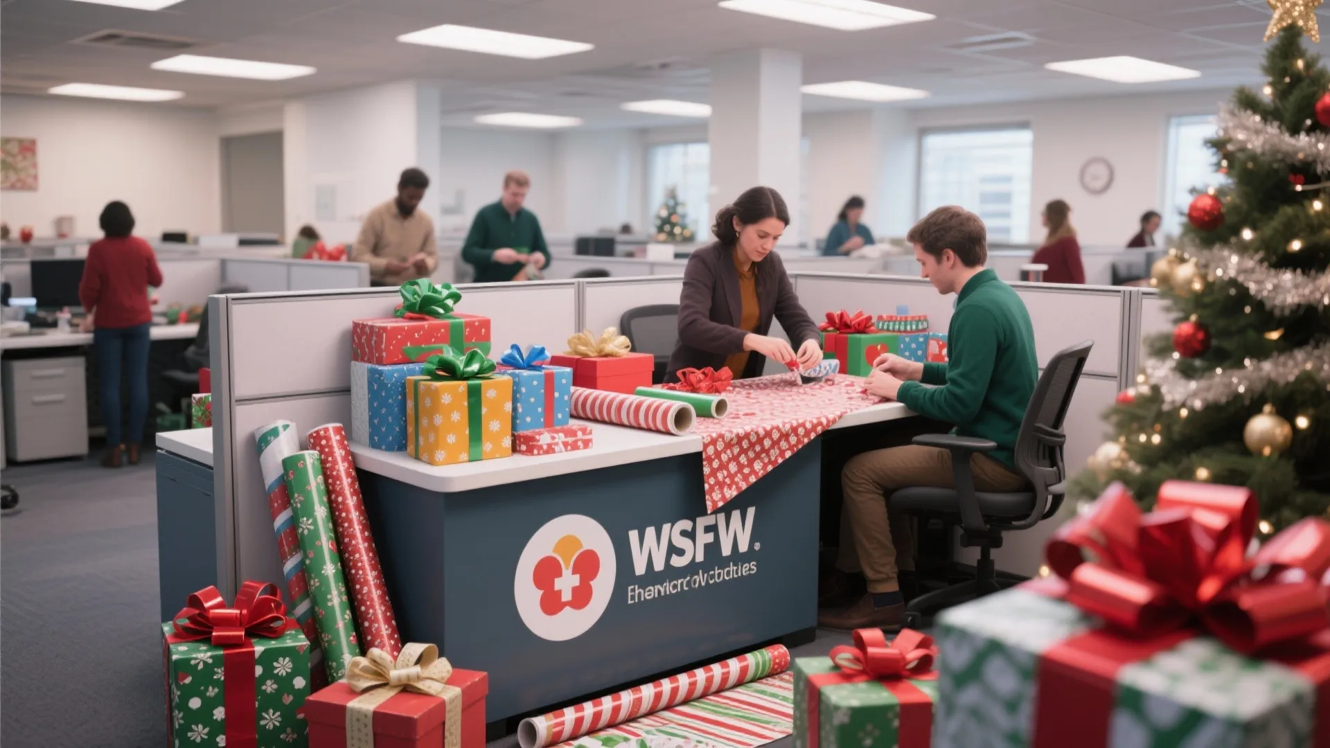 Two people sitting at an office desk wrapping colorful Christmas presents with paper and bows