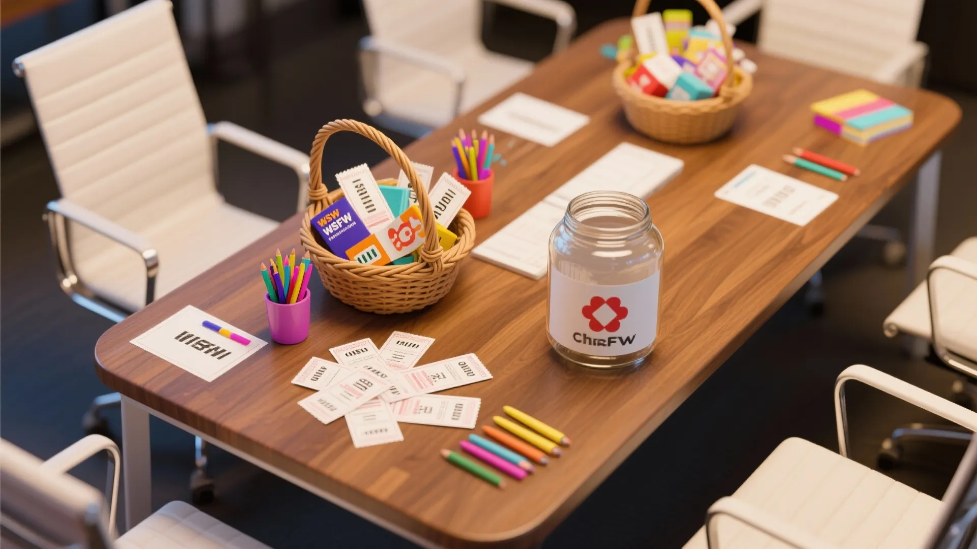 Wooden office table with raffle tickets in baskets glass jars colorful pencils and white chairs