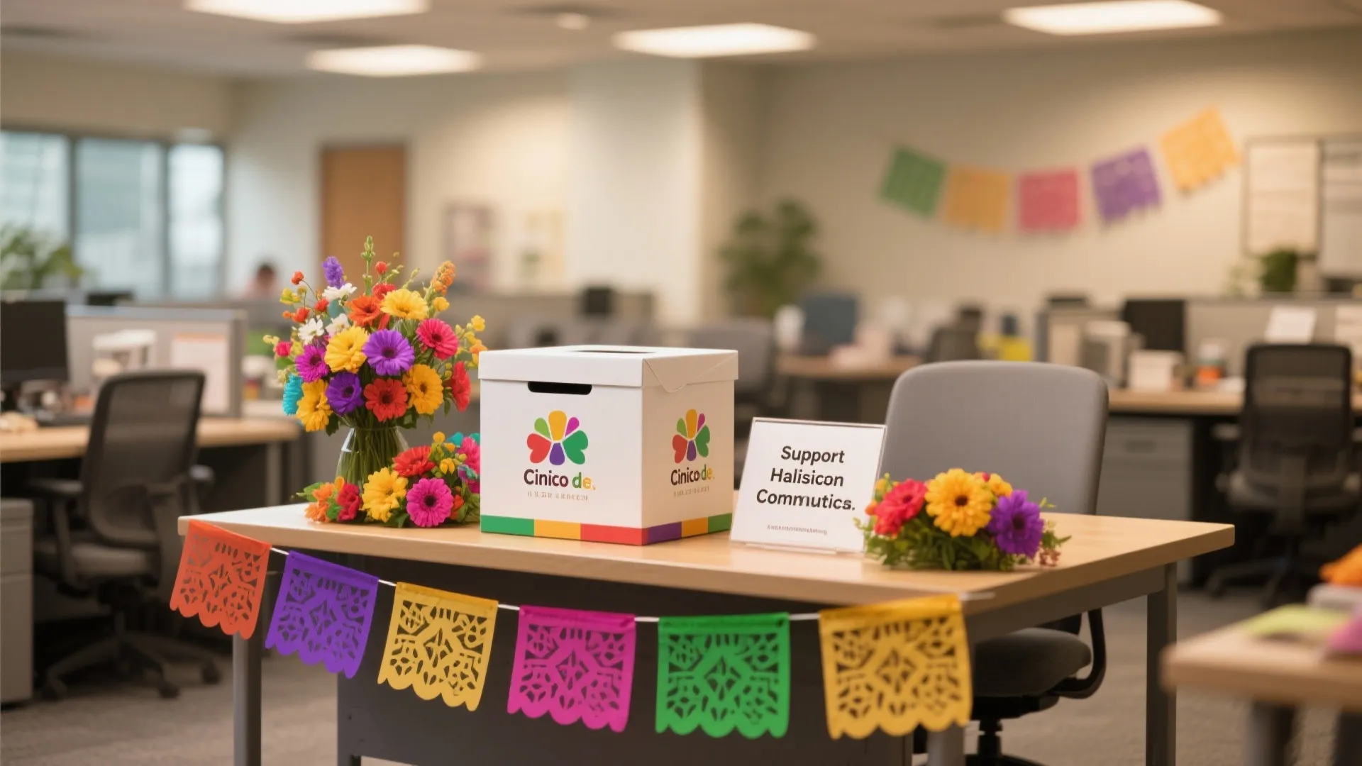 Office desk showing a donation box with colorful flowers and paper banners for charity support