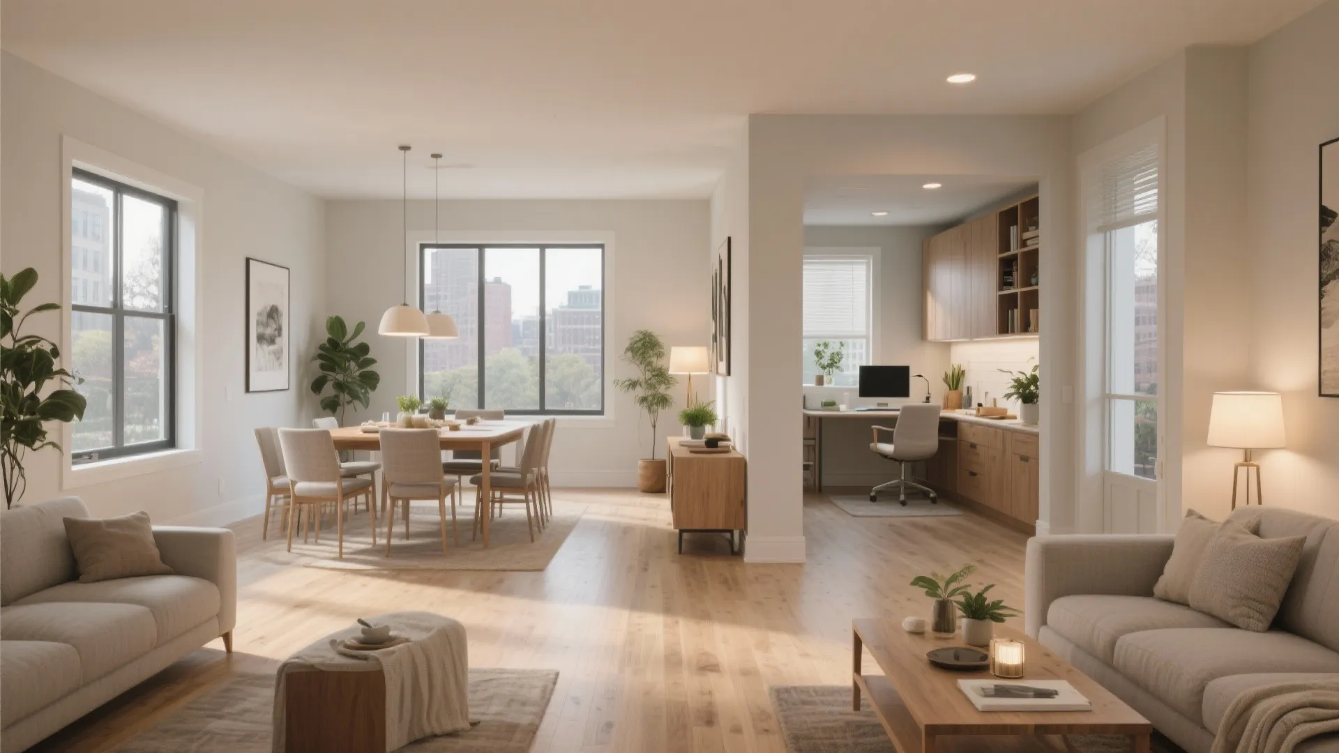 Open plan house featuring dining area living room with sofa and small home office space