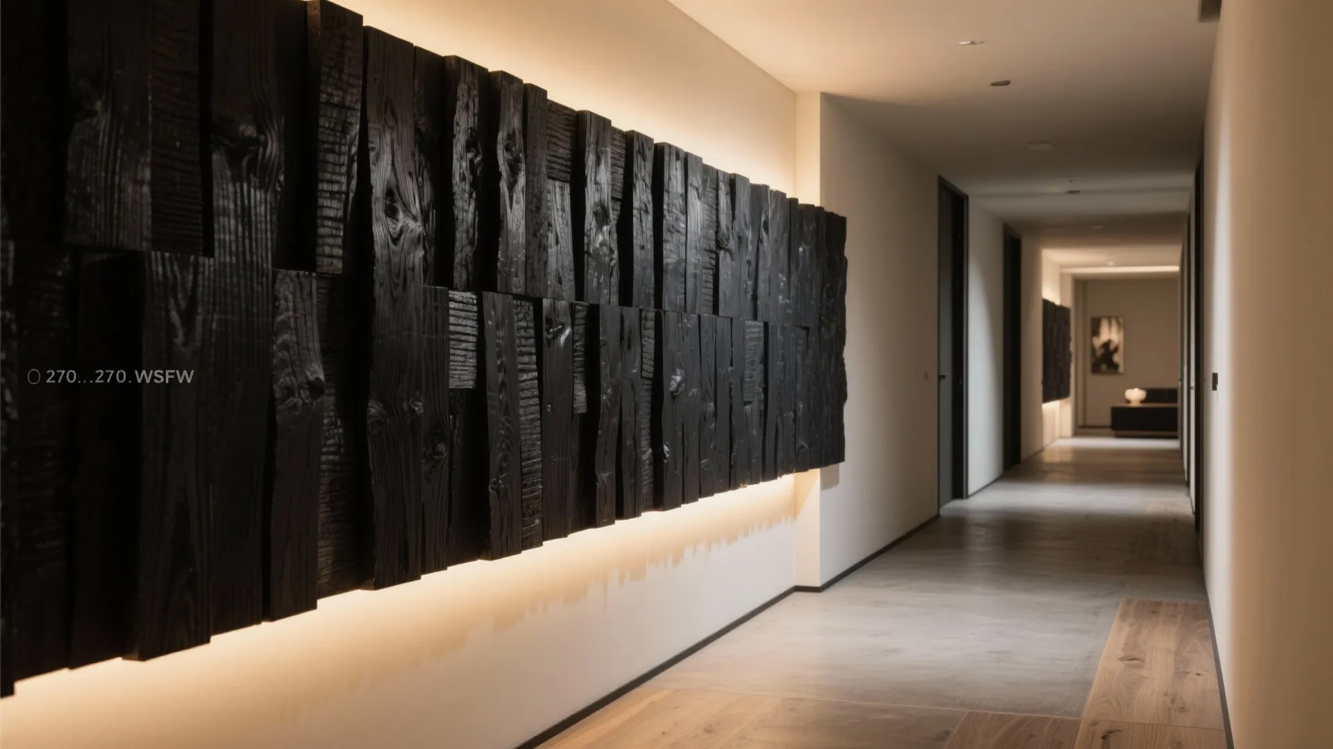 5) Charred (Shou Sugi Ban–Inspired) Pallet Feature with LED Wash