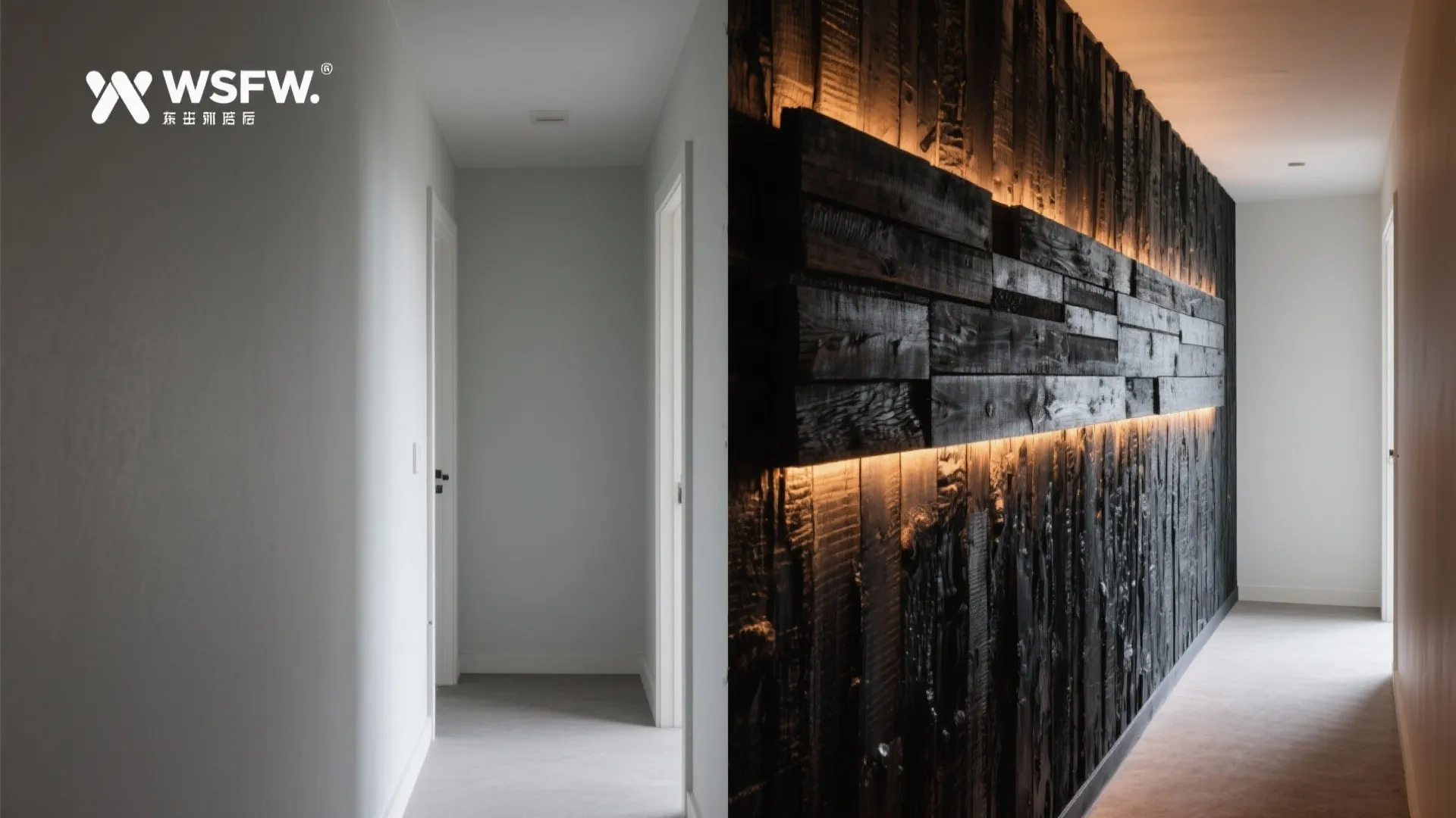 5) Charred (Shou Sugi Ban–Inspired) Pallet Feature with LED Wash