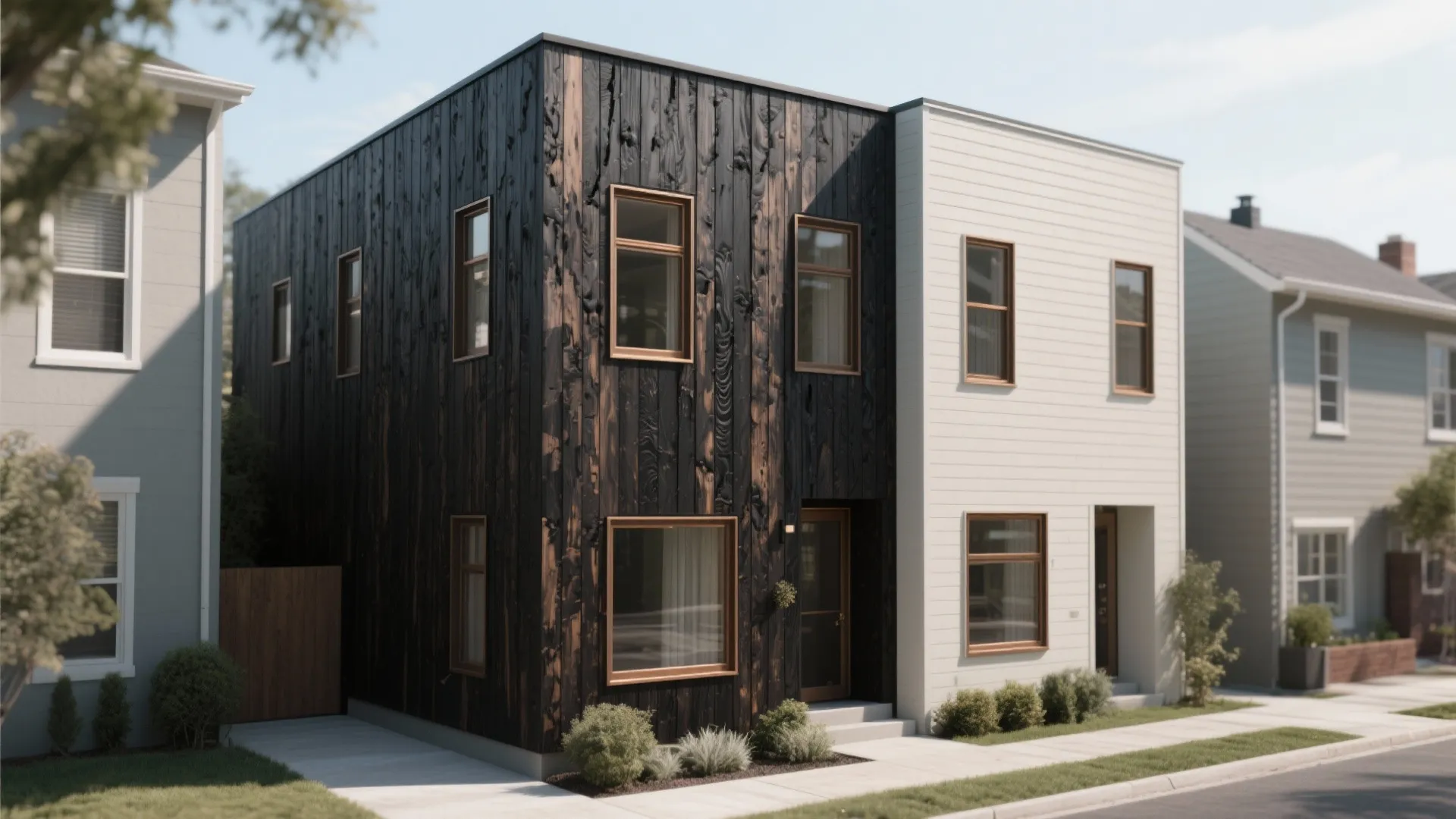 Vertical charred wood (Shou Sugi Ban) with warm contrast